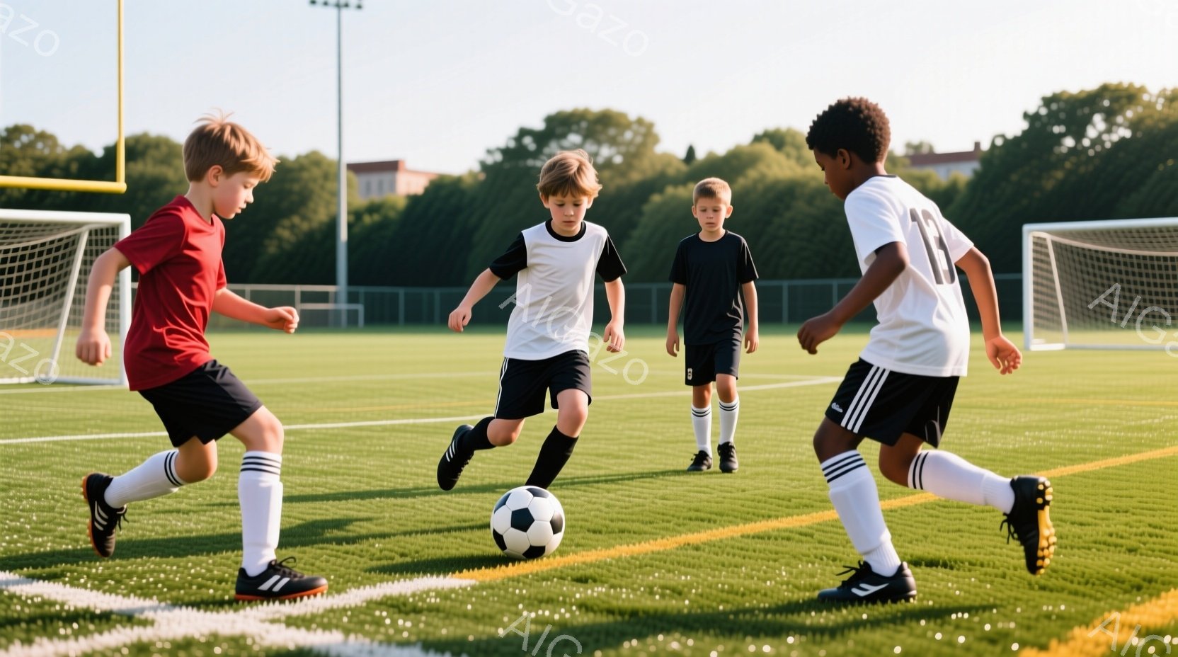 サッカー場を走る少年たちが写っている。一人は赤いシャツと黒いショーツ、もう一人は白黒のストライプのシャツと黒いショーツ、そしてもう一人は黒いシャツと黒いショーツを着用している。背景には緑の芝生と建物が見え、晴れた日の屋外で、少年たちは活発にサッカーを楽しんでいる様子が伺える。