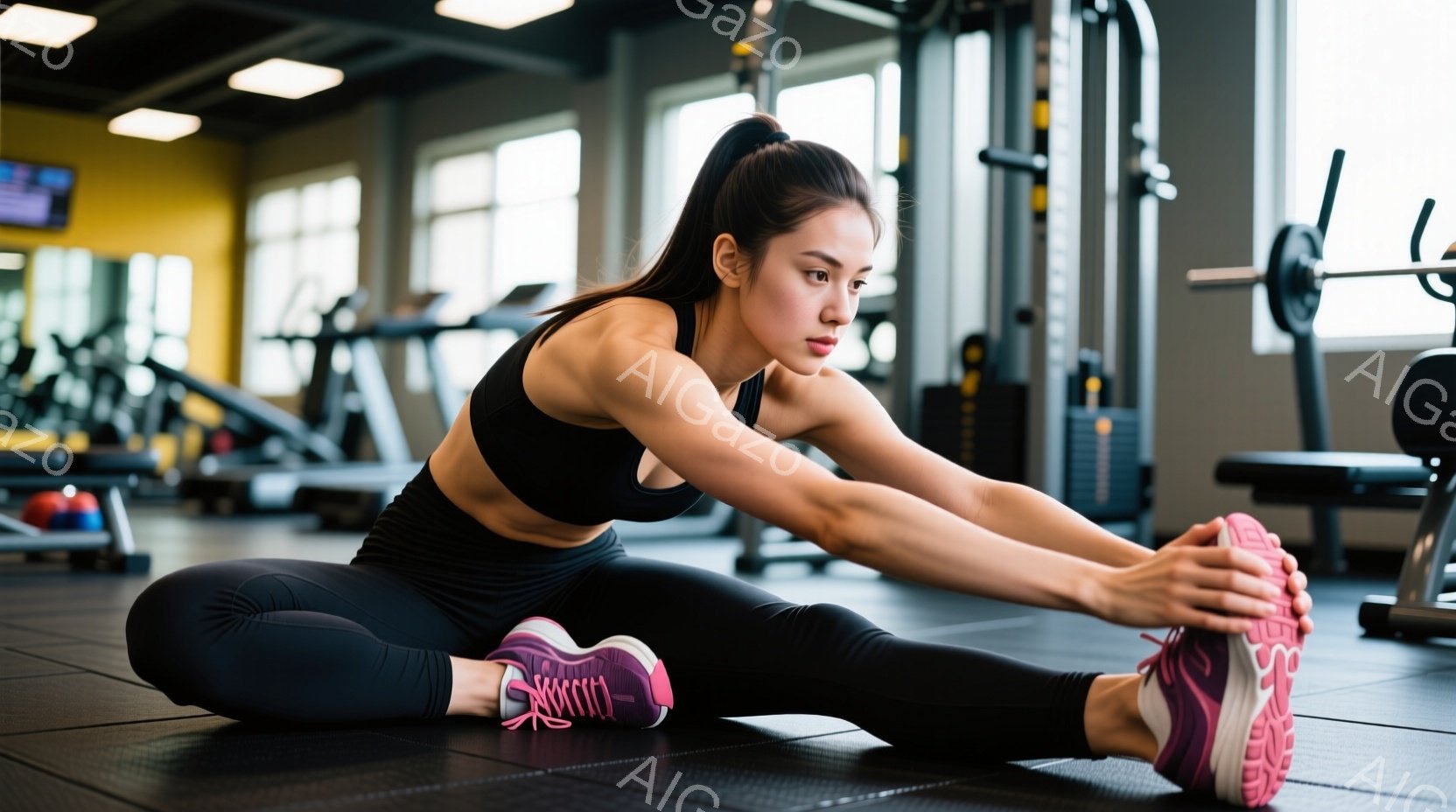 黒いスポーツブラとレギンスを着用した女性が、体育館の床に座って前屈をしています。彼女は長い黒髪をポニーテールにし、集中した表情で足を伸ばしています。背景には、トレーニング機器やジムの設備が見え、活気のある運動空間を表現しています。