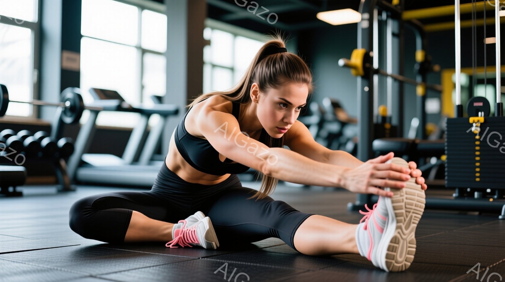 女性は黒のスポーツブラとレギンス、ピンクのアクセントの運動靴を着用し、ジムの床で前屈ストレッチを行っています。彼女は髪を高いポニーテールにし、集中した表情で足を伸ばしています。背景には、様々なトレーニング器具が並び、ジムの活気ある雰囲気が感じられます。