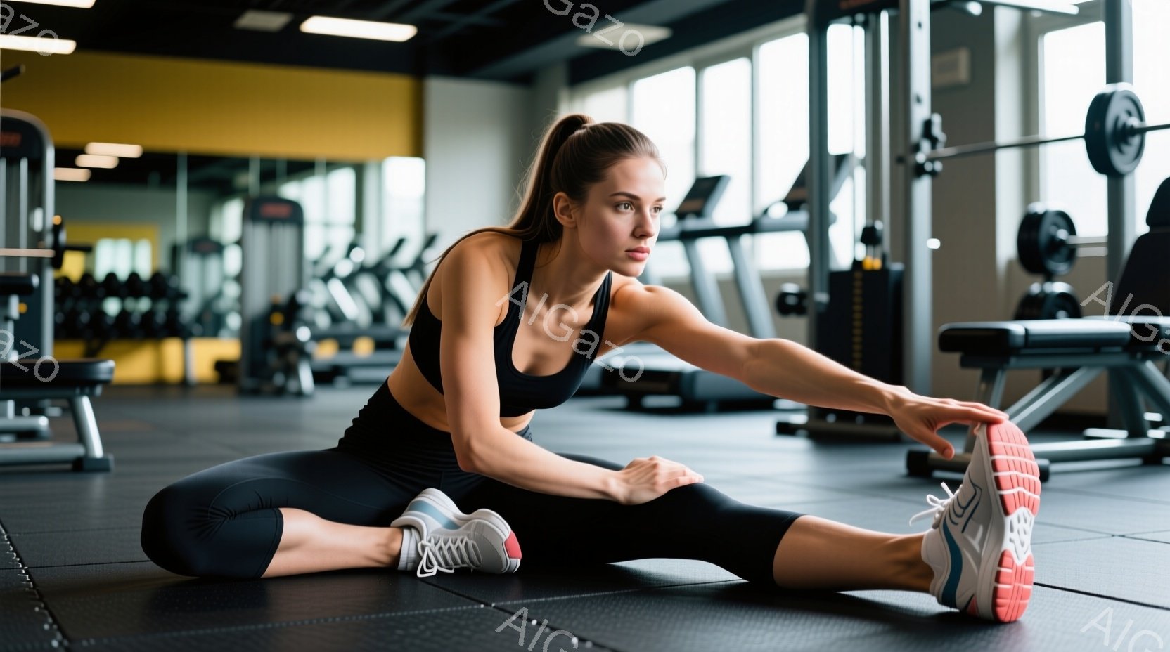 黒いスポーツブラとレギンスを着用した女性が、ジムの床に座って片足を伸ばし、つま先に触れようとしています。彼女はポニーテールで髪を結い、集中した表情でストレッチを行っています。背景には、トレッドミルやウェイトなどのジムの器具が並び、活気のあるトレーニング空間が広がっています。