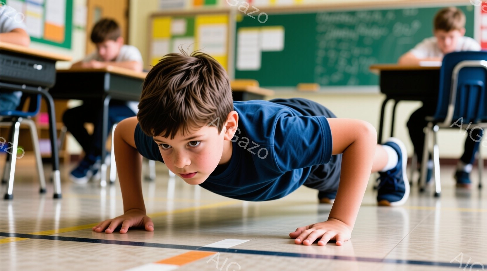 少年は教室の床で腕立て伏せをしており、濃い青色のTシャツと黒色の短パンを着用しています。彼の髪は短く整えられ、集中した表情で前を見据えています。背景には他の生徒たちが机で学習しており、教室の床は明るい色合いで、全体的に活気があり、運動的な雰囲気が漂っています。