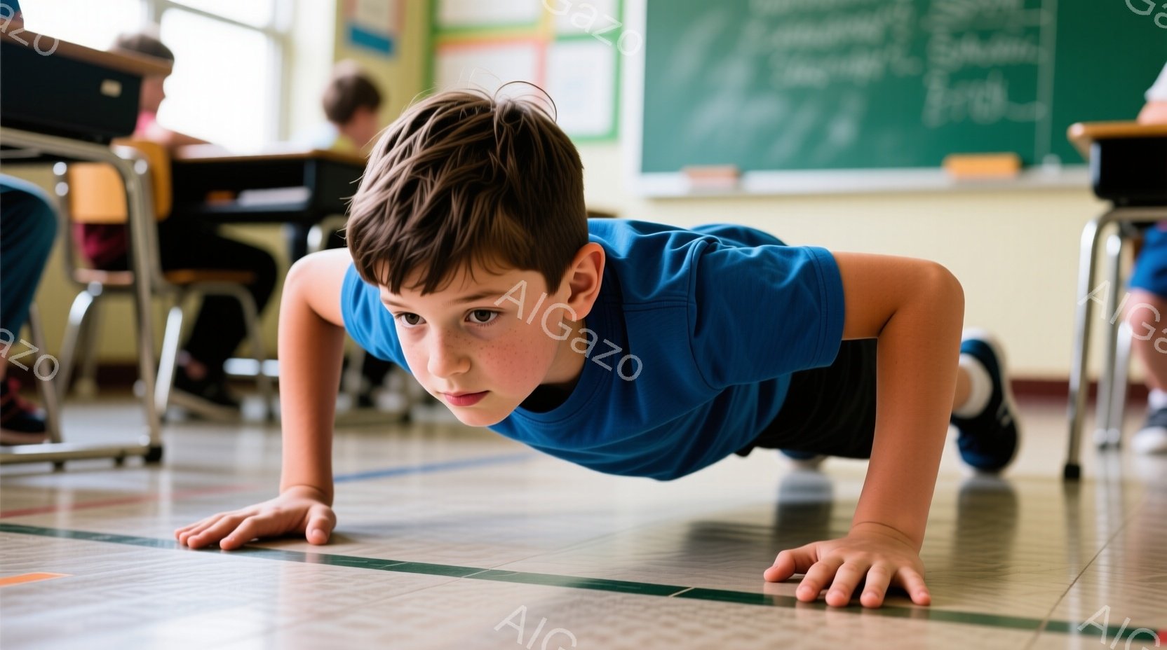 少年は青いTシャツと黒いズボンを着用し、体育館のような床の上で腕立て伏せをしている。彼の表情は真剣で、集中している様子がうかがえる。背景には他の生徒や机、そして壁に書かれた文字が見え、体育の授業中であることがわかる。
