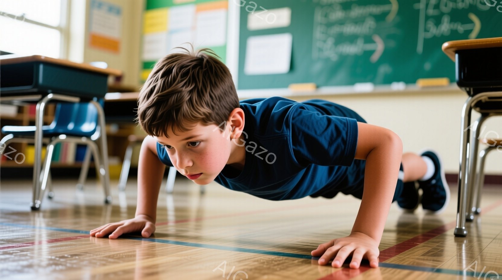 茶髪の少年が体育館の床の上で腕立て伏せをしている。青いTシャツと黒いズボンを着用し、集中した表情で床を見つめている。背景には、机や椅子が並び、黒板が見え、体育館の木製の床が暖かく、活気のある雰囲気を作り出している。