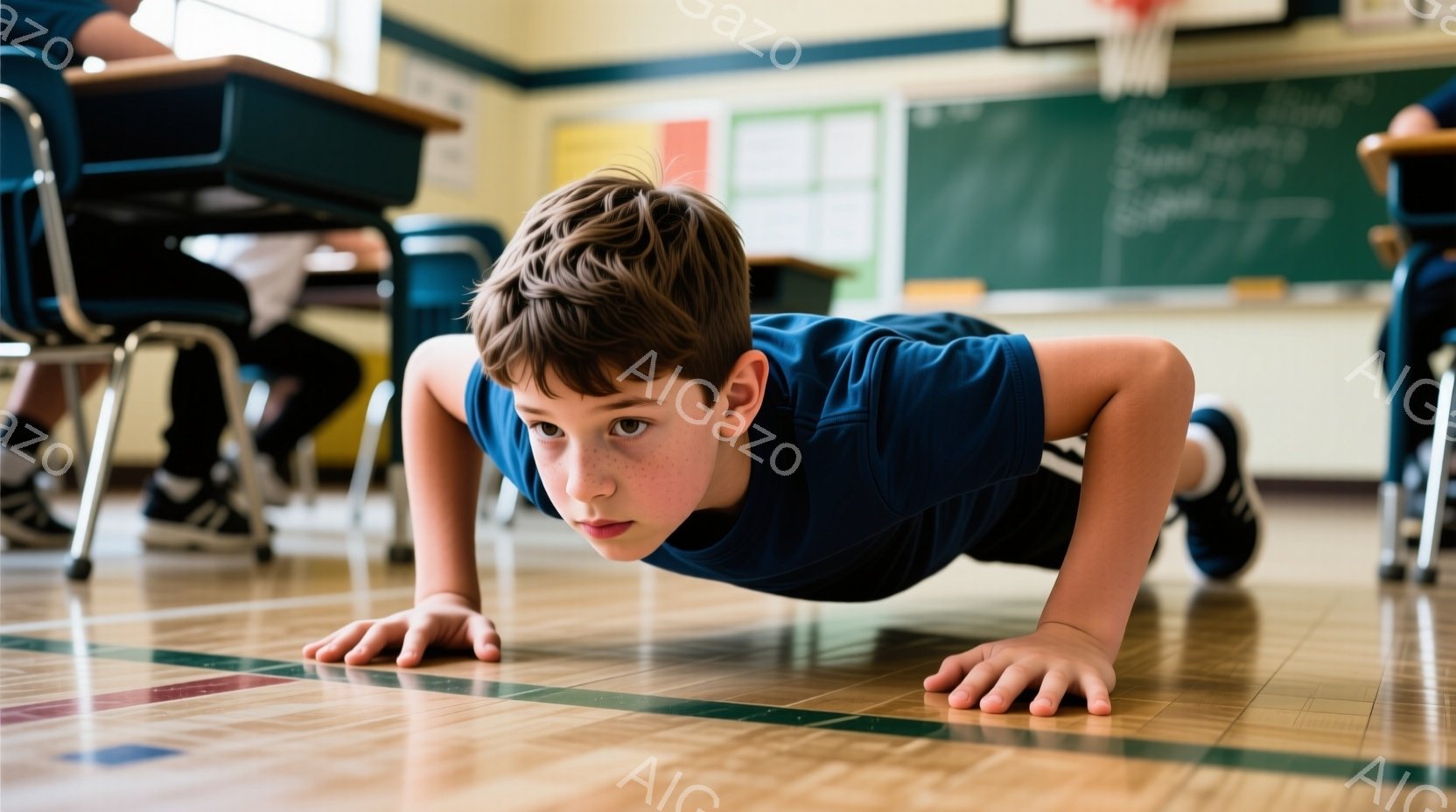 茶髪の少年が体育館の床で腕立て伏せをしている。青いTシャツを着ており、真剣な表情で前を見つめている。背景には木製の椅子がいくつかあり、体育館の床は木製で、明るい雰囲気である。