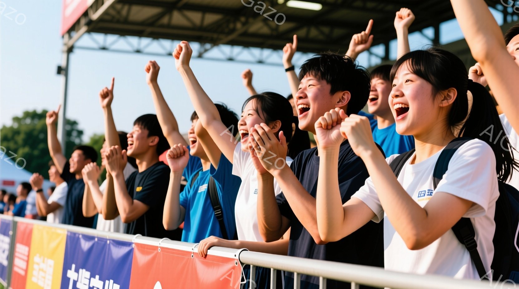 観客は白いTシャツと青いベストを着用し、興奮した表情で両手を高く上げています。彼らは柵の前に立っており、背景にはステージと木々が見え、晴れた日のイベントか応援の様子が伺えます。全体的に、活気に満ちた、熱狂的な雰囲気が漂っています。