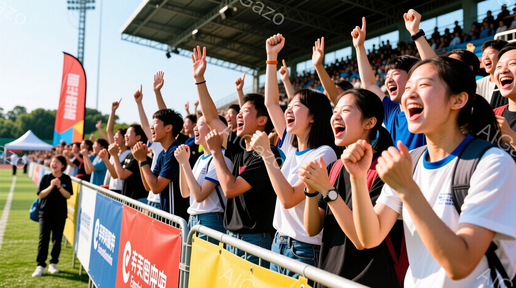 白いTシャツを着た若い男女が、フェンスを前に両手を高く上げて歓声をあげています。彼らは皆、笑顔で興奮しており、競技場や観客席が背景に見えます。晴れた空の下、緑の芝生と白い建物が、活気あふれる雰囲気を盛り上げています。