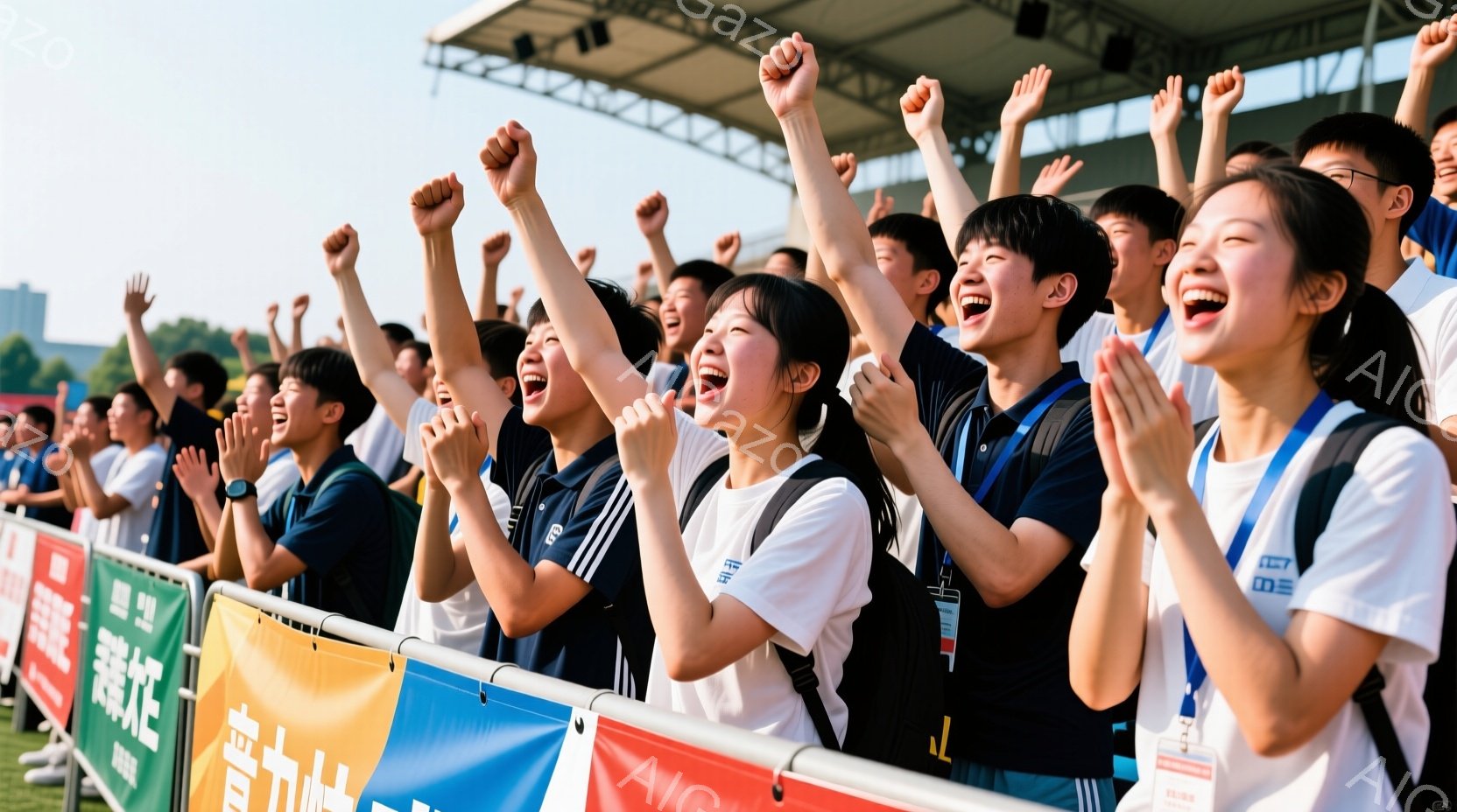 多くの若者が白いシャツと濃い青いズボンを着用し、歓声を上げながら腕を高く上げています。彼らは白いフェンスの前に立っており、背景には緑の芝生と、ぼやけた建物や木々が見えます。晴天で、全体的に活気に満ちた、エネルギッシュな雰囲気が漂っています。