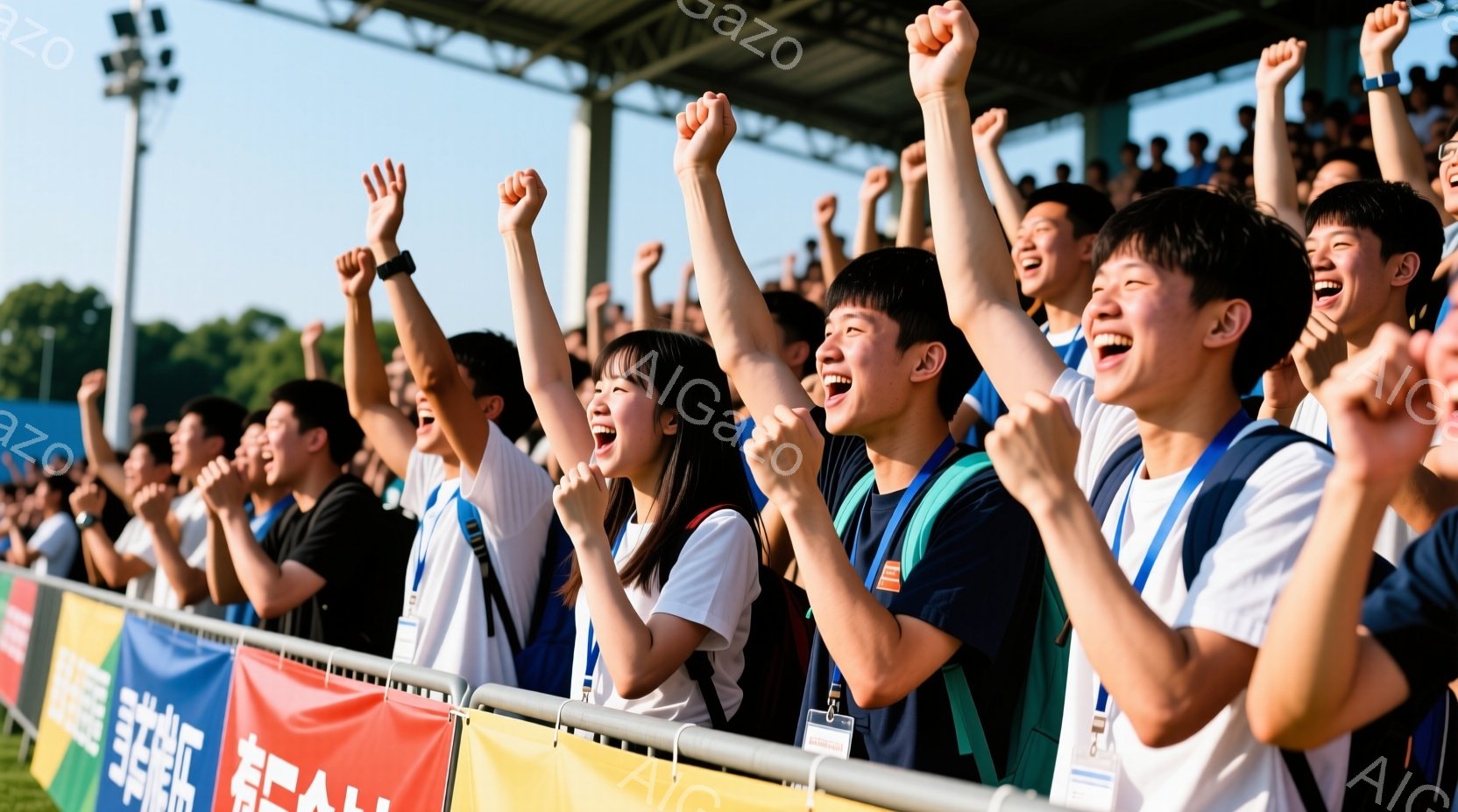 大勢の観客が競技場のフェンスに向かって腕を高く上げ、興奮した表情で応援している様子が写っている。観客は皆、白いTシャツに青いアクセサリーを身に着け、顔には喜びと熱意が溢れている。背景には緑豊かな木々や建物が見え、晴れた空の下、活気あふれるスポーツイベントの一幕を切り取っている。