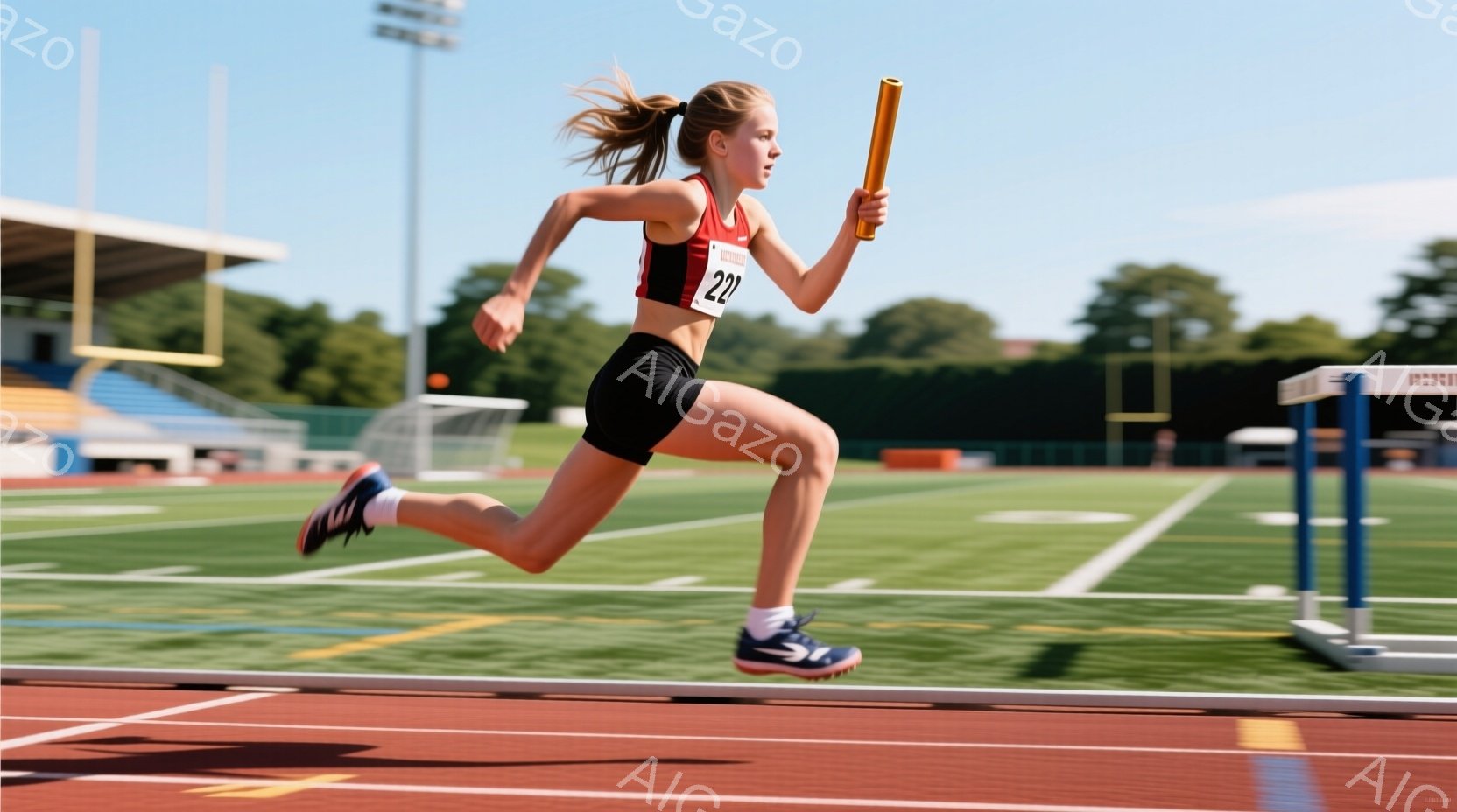 競技場を走る女性アスリートが写っている。彼女は黒い短パンと赤いタンクトップ姿で、髪をポニーテールにしている。彼女はリレーのバトンを持っており、集中した表情で力強く前進している。