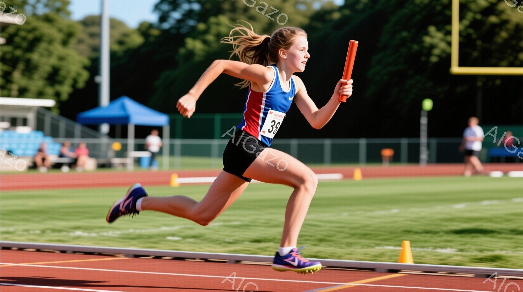 青い競技トラックを走る若い女性アスリートが写っている。彼女は黒いショートパンツと、赤と青のタンクトップを着ており、髪はポニーテールに結われている。背景には緑の木々と青いテントがあり、晴れた日の競技場の活気ある雰囲気を伝えている。