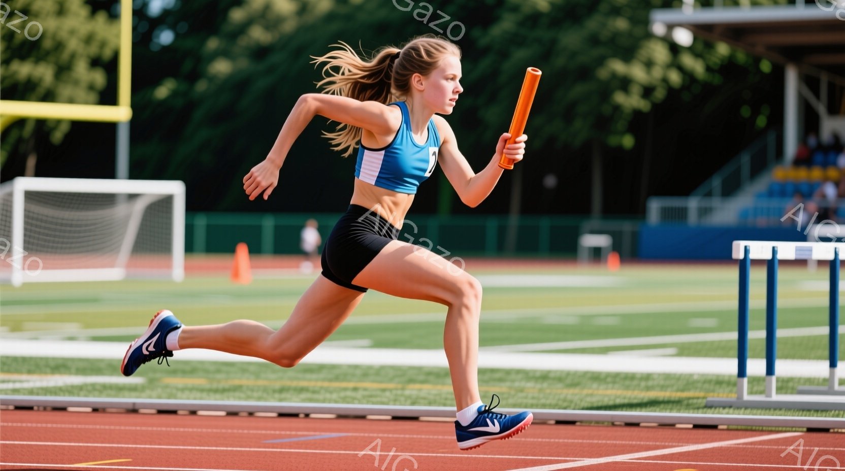 短距離走をする女性アスリートが写っている。彼女は青と黒のスポーツブラとショーツを着用し、金髪をポニーテールにしている。背景にはトラック、ハードル、観客席が見え、晴れた日の屋外競技場の活気ある雰囲気が伝わる。