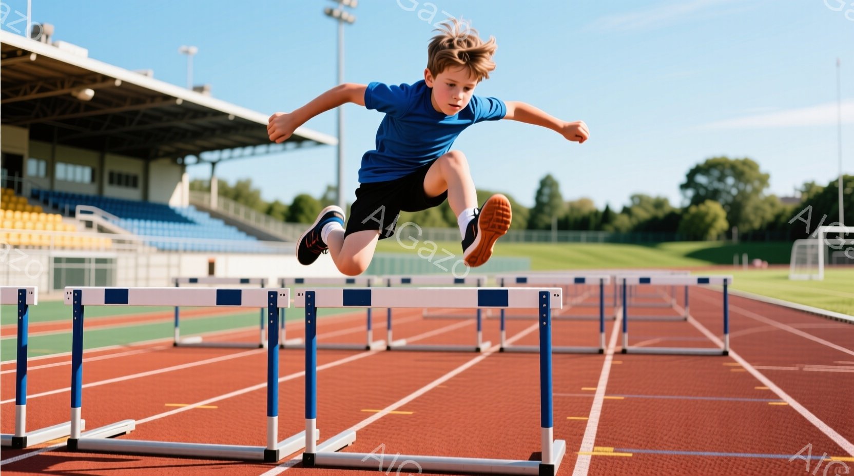 茶髪の少年が、競技トラック上でハードルを飛び越えています。青いTシャツと黒いショーツ、オレンジと黒のランニングシューズを着用し、力強く姿勢を保っています。背景には観客席と緑豊かな風景が広がり、晴天の下、活気のある競技が行われている様子が伝わってきます。