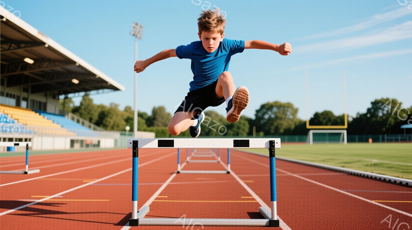 青いトラックのレーンで、少年がハードルを飛び越える瞬間が捉えられています。少年は青いTシャツと黒いショーツを着用し、集中した表情で体を大きく広げ、ハードルをクリアしようとしています。背景には観客席と緑 - AI生成フリー素材