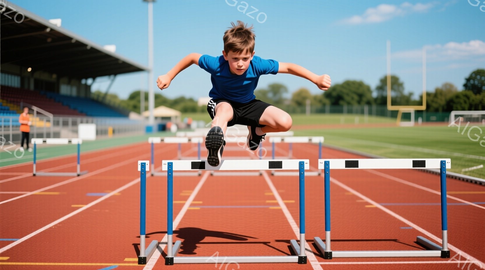 青いトラックを走る少年が写っている。彼は青いTシャツと黒い短パンを身につけ、走り幅跳びのハードルを飛び越えようとしている。背景には観客席、緑の芝生、そして晴天の空が広がり、活気のある競技の雰囲気が感じられる。