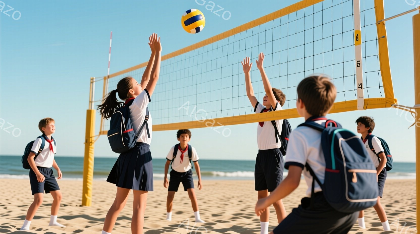 砂浜でバレーボールをする生徒たちが写っている。紺色のスカートと白のシャツを着用し、スカーフを首に巻いている。空は晴れ、海は穏やかで、生徒たちは楽しそうにジャンプしてボールに手を伸ばしている。 - AI生成フリー素材