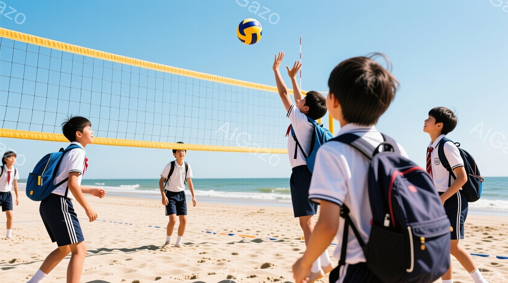 砂浜のバレーボールネットの前に、制服を着た中学生数人が立っている。彼らは皆、白いシャツに濃い青色の短パン姿で、背中にリュックサックを背負っている。一人がジャンプしてバレーボールを打ち上げようとしており - AI生成フリー素材