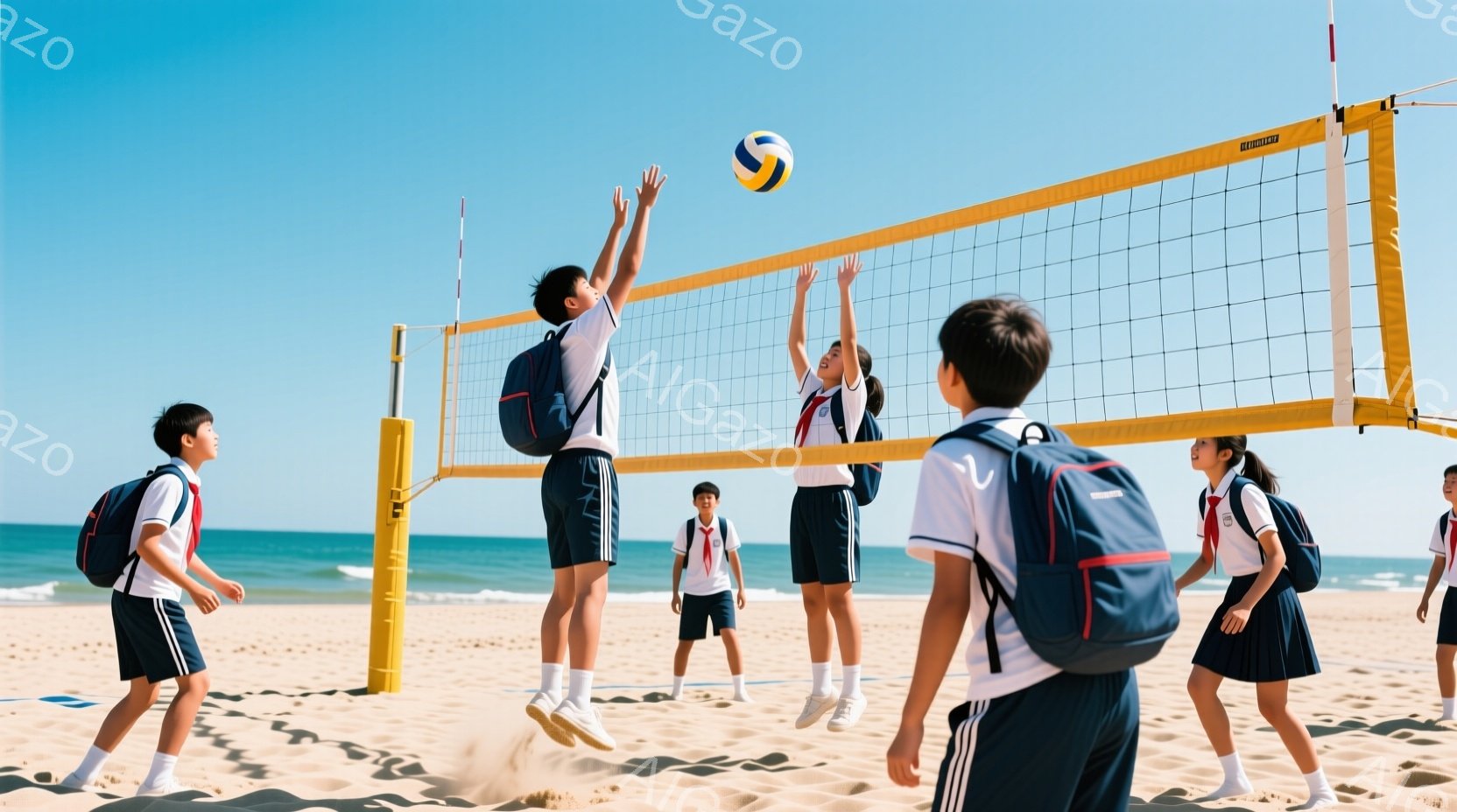 制服姿の学生たちが砂浜でバレーボールをしている写真です。男子生徒は白いシャツに紺色の短パン、女子生徒は白いブラウスに紺色のスカートを着用し、白い靴下とスニーカーを履いています。背景には青い空と海が広が - AI生成フリー素材