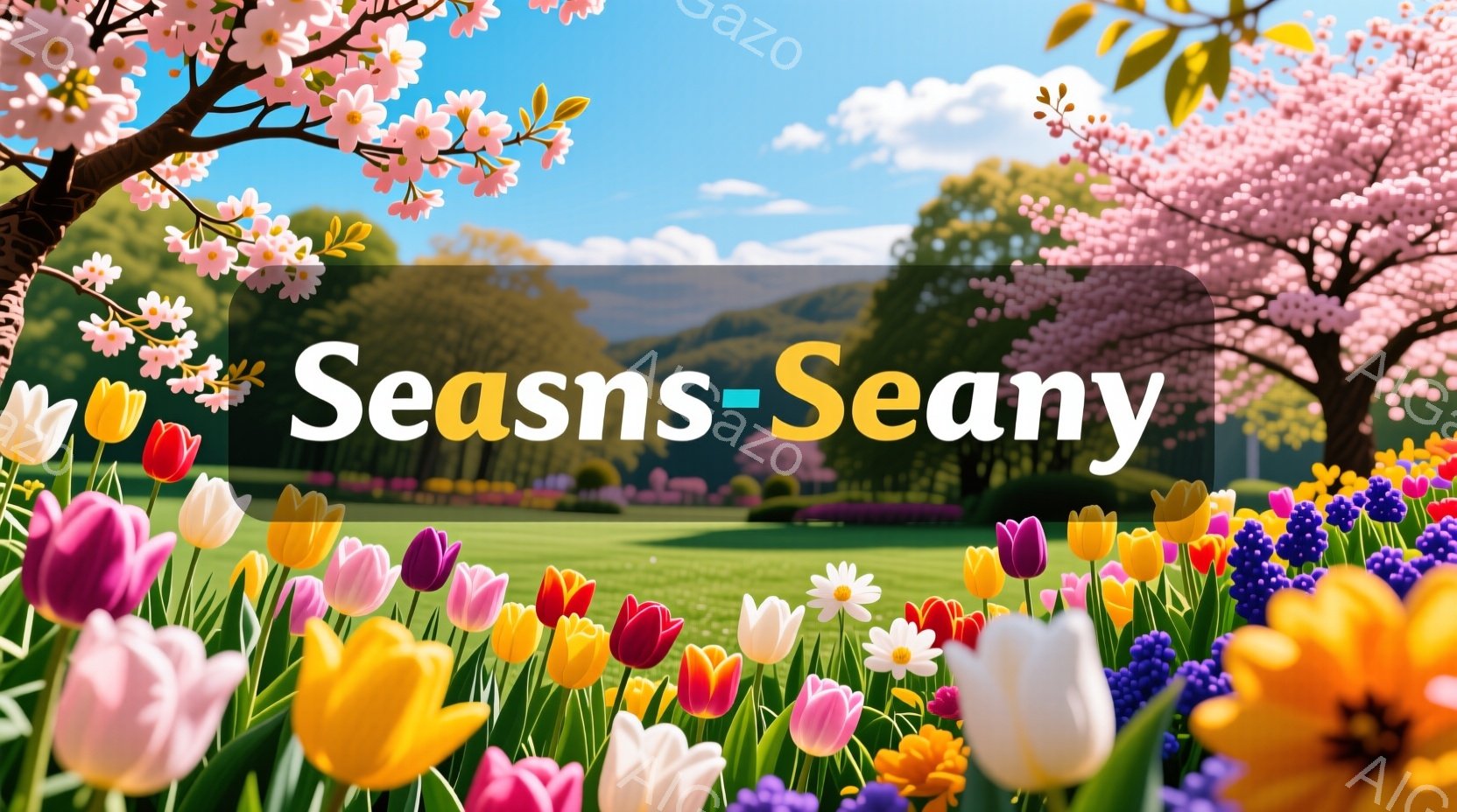 色とりどりのチューリップやスイセンが咲き乱れる春の庭園が広がっている。背景には緑の丘と、空には白い雲が浮かび、暖かく穏やかな春の陽気が感じられる。ピンク色の桜の木が咲き誇り、華やかさを添えている。 - AI生成フリー素材