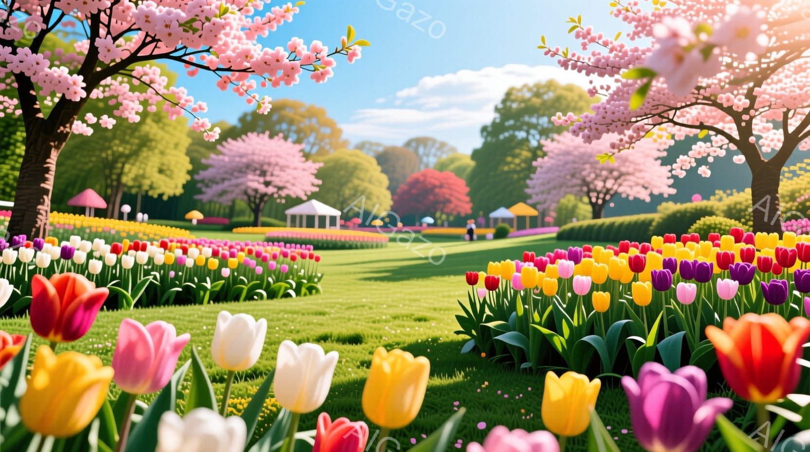広大なチューリップ畑が広がり、ピンク色の桜並木が背景に美しいコントラストを描いています。小さなガゼボが点在し、緑の芝生が敷かれた公園のような空間で、晴れた日の穏やかな雰囲気が漂います。遠くには木々が生 - AI生成フリー素材