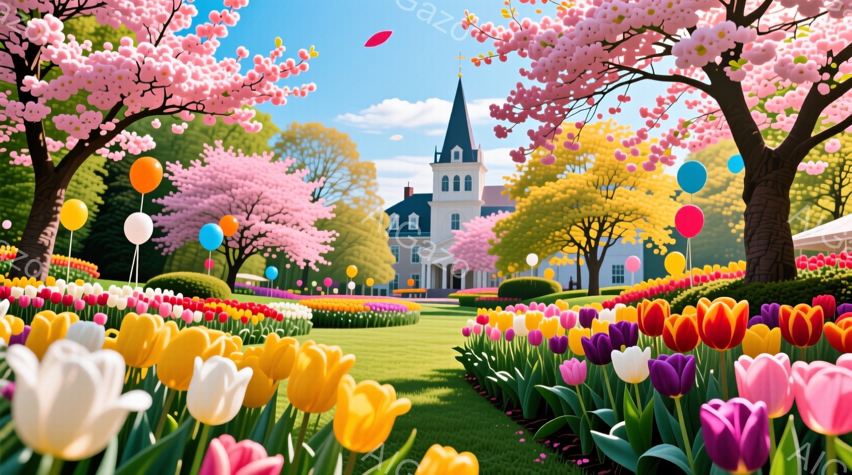 色とりどりのチューリップが咲き乱れる美しい庭園が広がっている。背景には白い建物と、ピンク色の桜並木が見え、空には風船が舞っている。暖かく穏やかな春の日の、平和で夢のような雰囲気が漂っている。
