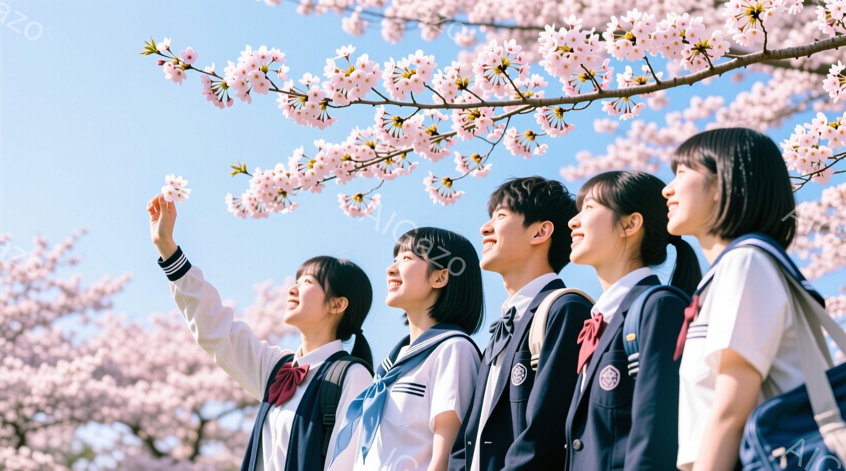 五人の少女が春の日に、花見に来ました。彼女たちは学生服を着て、卒業記念の写真を撮り、満足そうな笑顔で振り返り、手を合わせると同時に幸せそうな気持ちで立っています。花見場は淋しい木々で囲まれ、白い空の下に明るく輝く花が織り成す美しい景色を楽しむことができます。