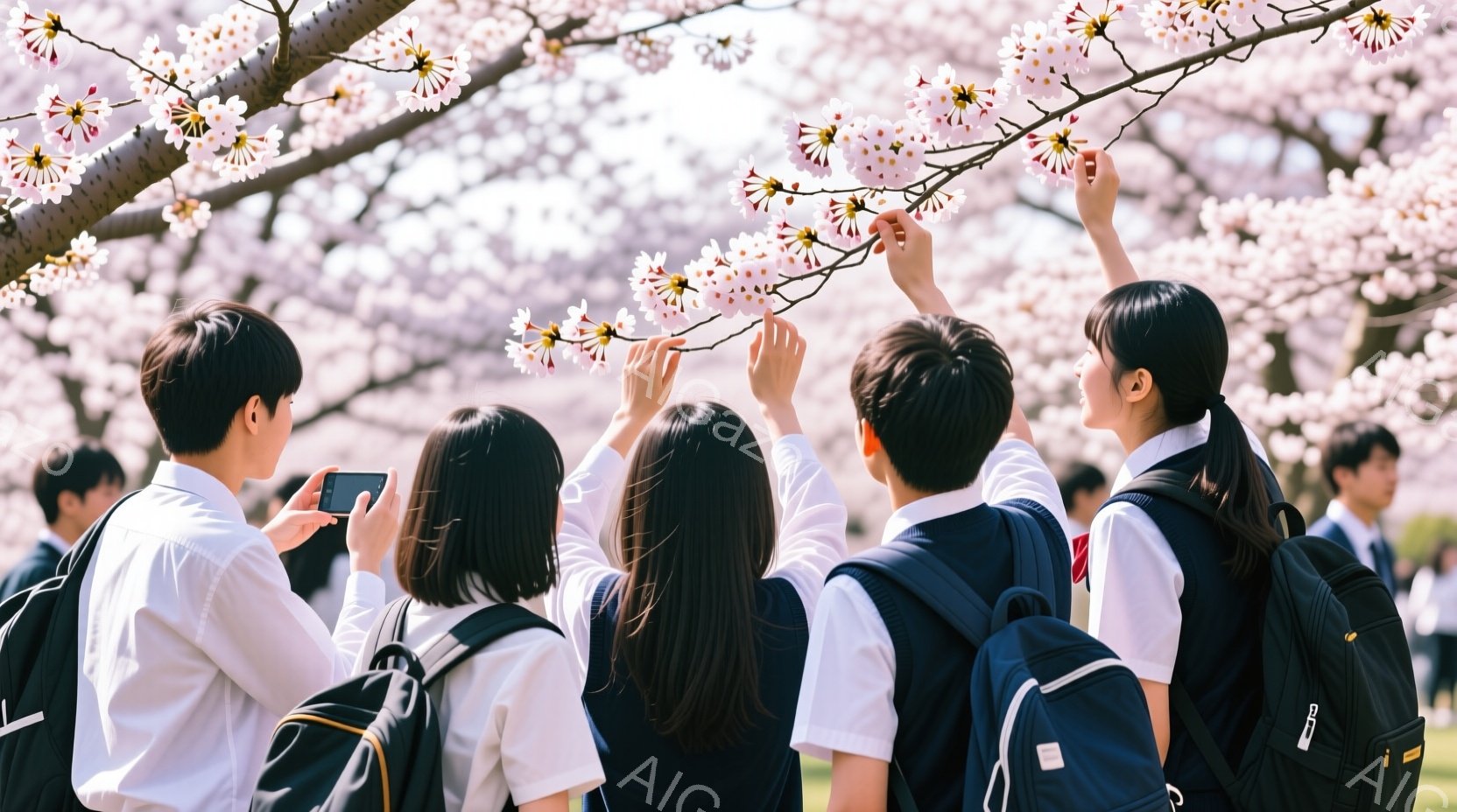 制服姿の学生たちが桜の木の前に立っており、スマートフォンで桜を撮影している様子がうかがえる。紺色のリュックを背負い、黒髪の学生が多く、春の暖かな日差しの中で、活気のある雰囲気が漂っている。背景にはぼんやりと建物が見え、桜の花びらが舞い散る中で、新生活の喜びや希望を感じさせる一枚である。