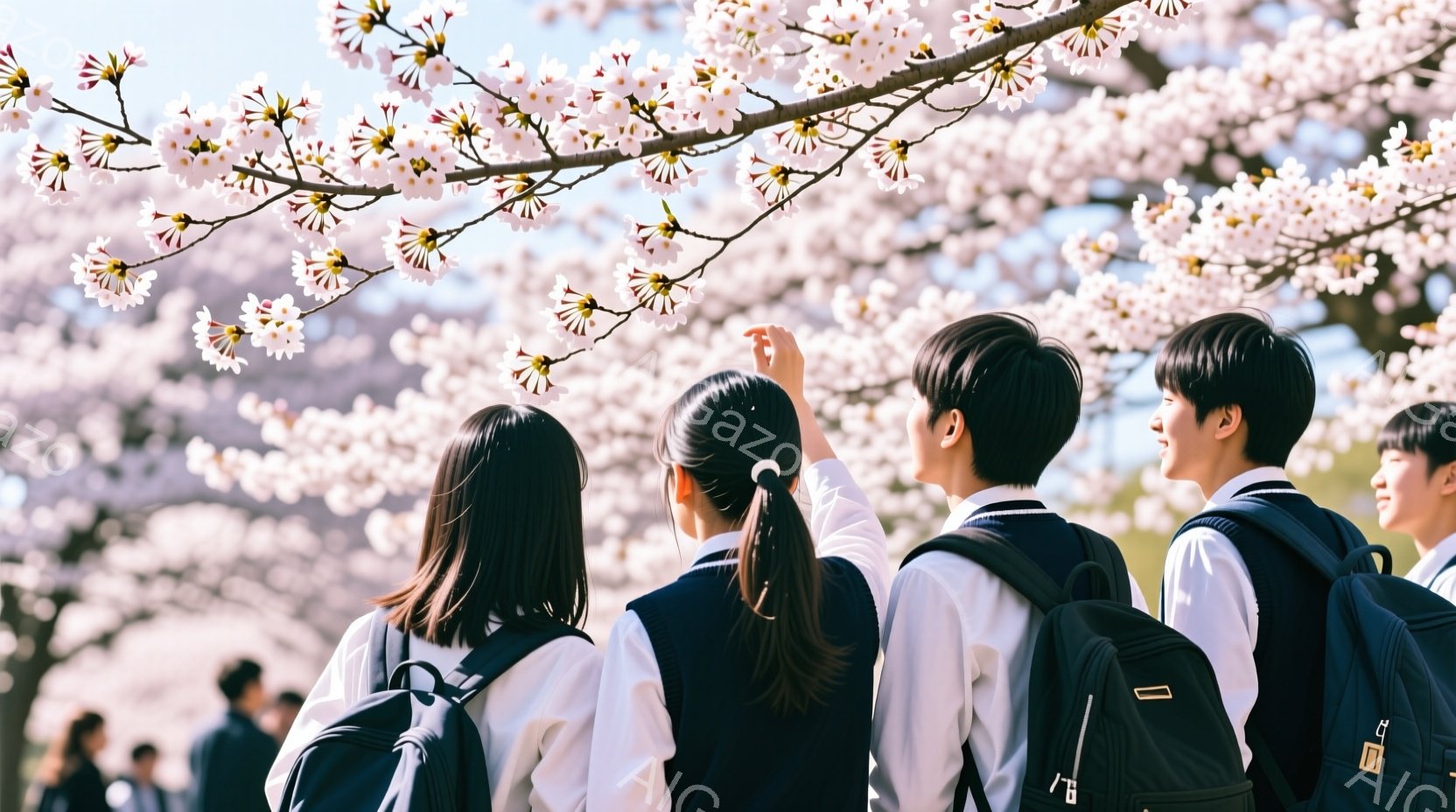制服姿の生徒たちが桜並木の下を歩いている様子が写っている。紺色のブレザーに白シャツ、そしてリュックサックを背負った生徒たちは、後ろ姿から少し緊張している様子が窺えるが、中央の女性生徒が桜の花を指差して - AI生成フリー素材