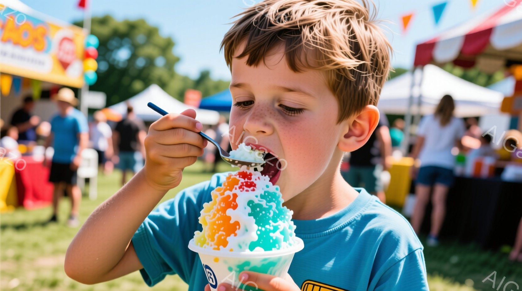 少年はカラフルなかき氷をスプーンで楽しそうに食べている。青いTシャツを着ており、金髪で少しカールした髪型をしている。背景には緑の芝生、屋台、そして晴れた空が見え、賑やかなお祭りの雰囲気が漂っている。 - AI生成フリー素材