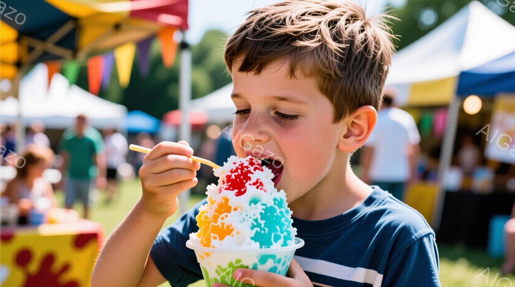 少年はカラフルなかき氷を食べている。青いストライプのシャツを着ており、明るい表情で口を大きく開けている。背景には緑の芝生と、お祭りやイベントの屋台が並んでいる様子が見え、晴れた日の賑やかな雰囲気が伝わってくる。