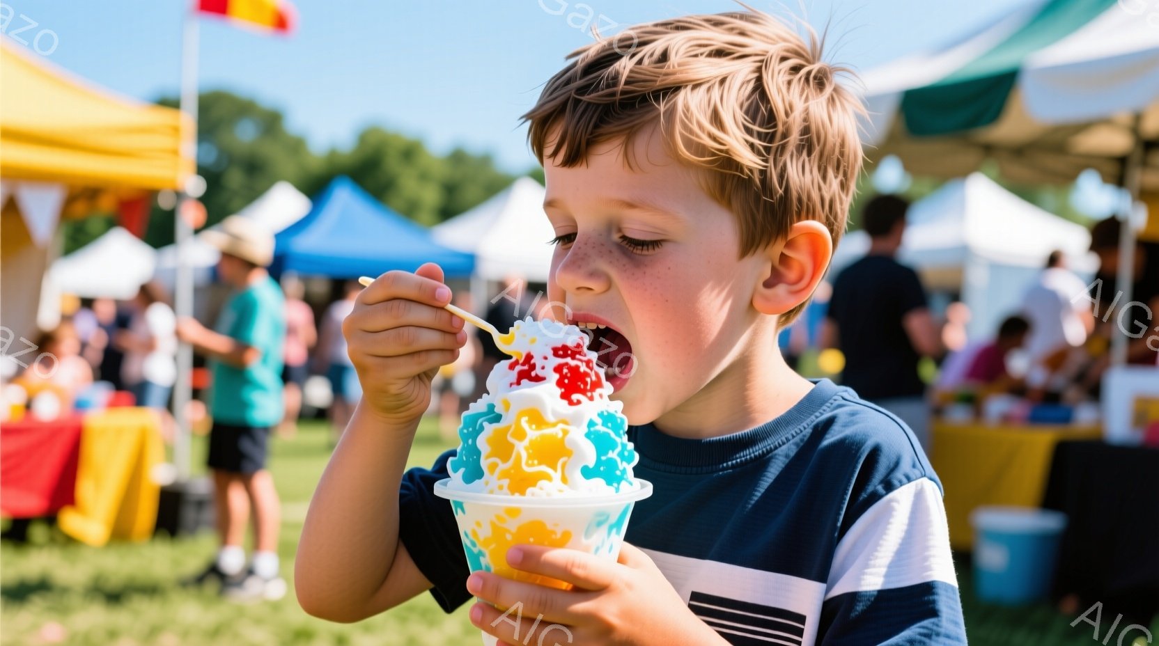 少年はカラフルな削氷をフォークで頬張っており、嬉しそうな表情をしています。青と白のストライプのシャツを着ており、金色の髪は短く整えられています。背景には、テントや人々が見え、屋外のイベント会場で晴れた - AI生成フリー素材