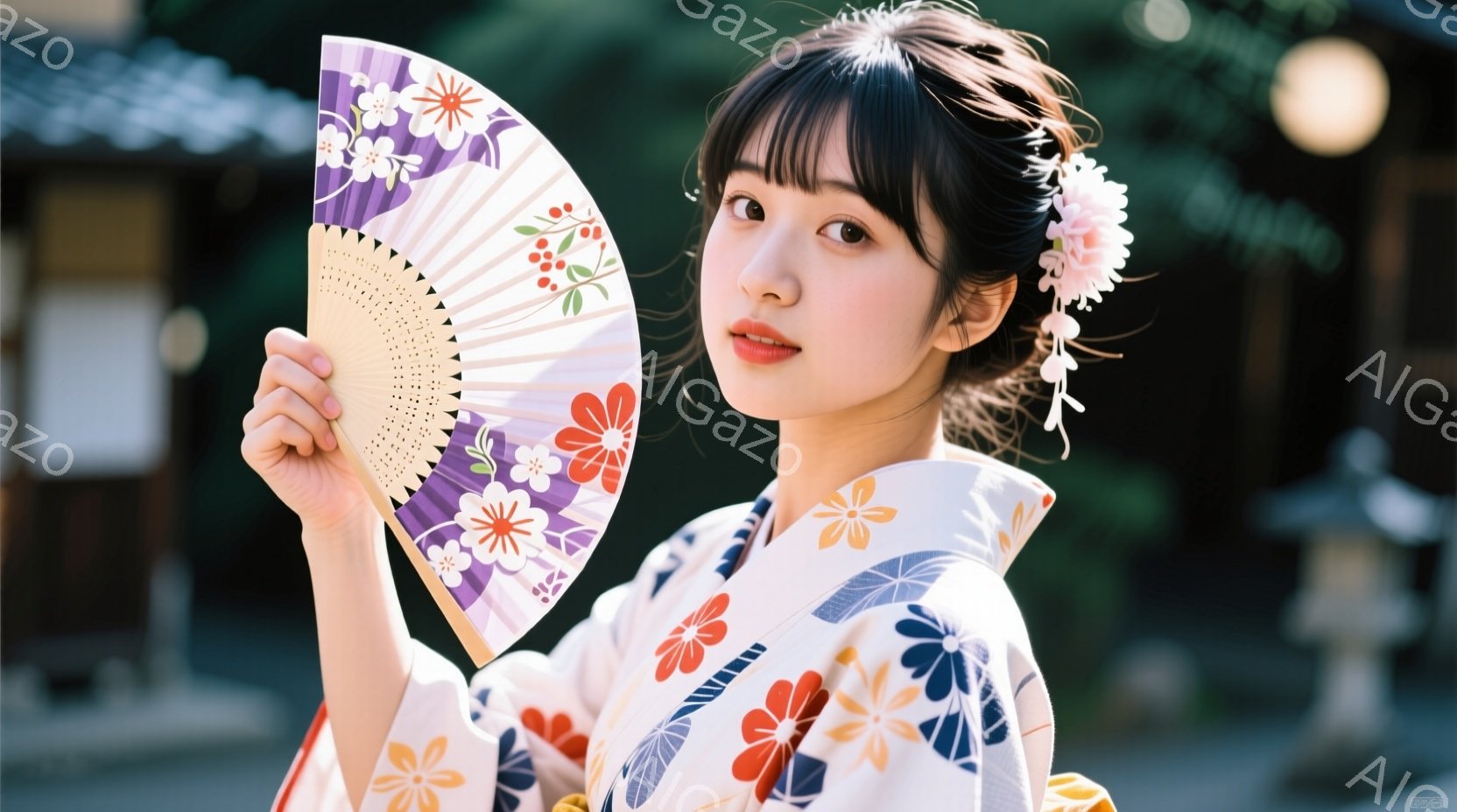 女性は白地に赤や紫の花柄の着物を着ており、髪には花の髪飾りをつけています。彼女は微笑んでおり、片手に広げた扇子を持っています。背景には木造建築と緑が見え、落ち着いた和の雰囲気を感じさせます。