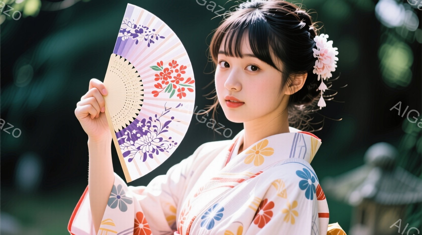 白い着物を着た若い女性が、片手に扇子を持って微笑んでいます。彼女の髪は後ろでまとめられ、ピンクの花飾りと赤い紐が添えられています。背景にはぼやけた緑豊かな庭園と、伝統的な様式の建物が見え、穏やかで優雅 - AI生成フリー素材