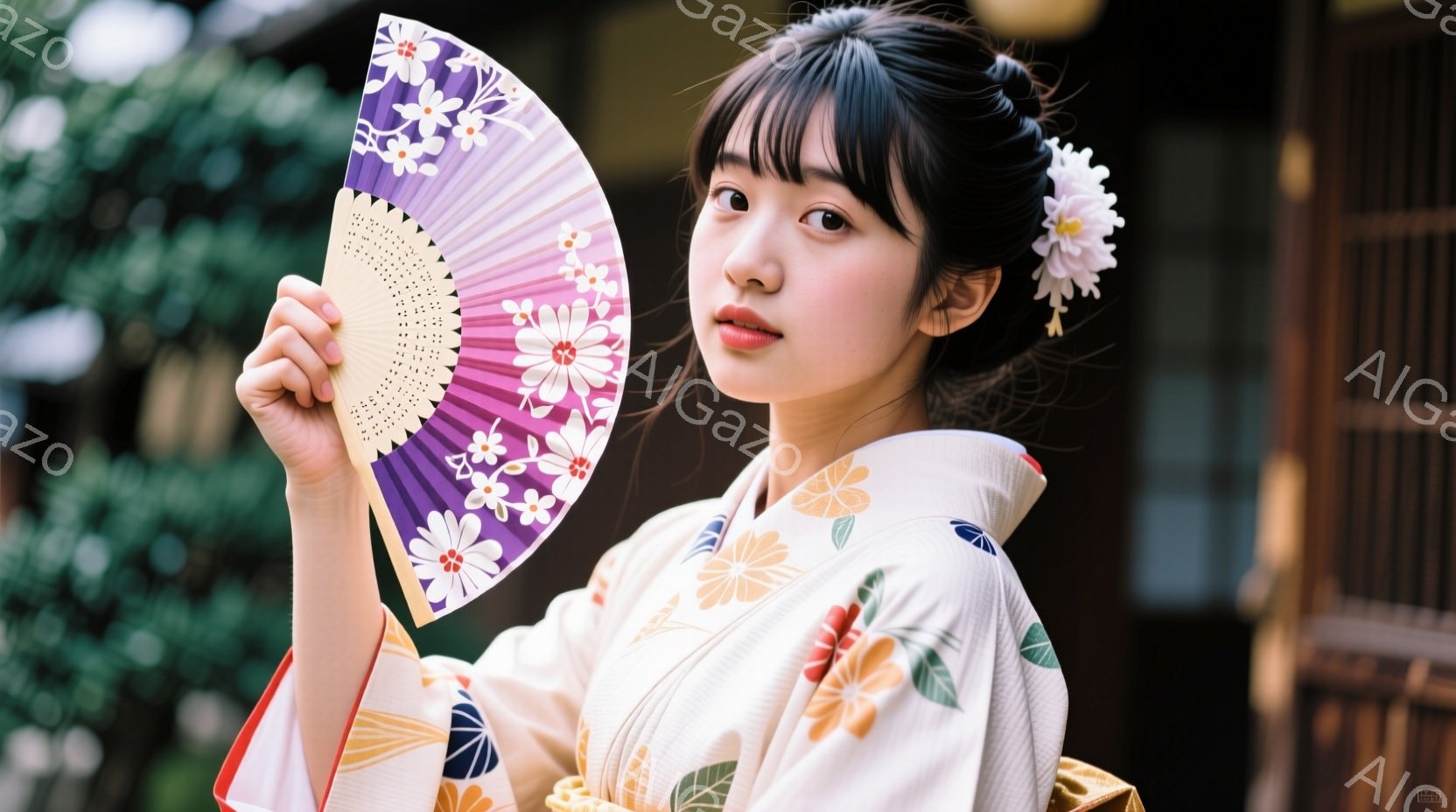 白地に黄色やピンクの花柄が描かれた着物を着た若い女性が、紫色の扇子を持ってこちらを見ている。彼女は髪を後ろでまとめ、白い花飾りをつけている。背景には緑豊かな植物と木製の建物の一部が見え、穏やかで上品な雰囲気が漂っている。