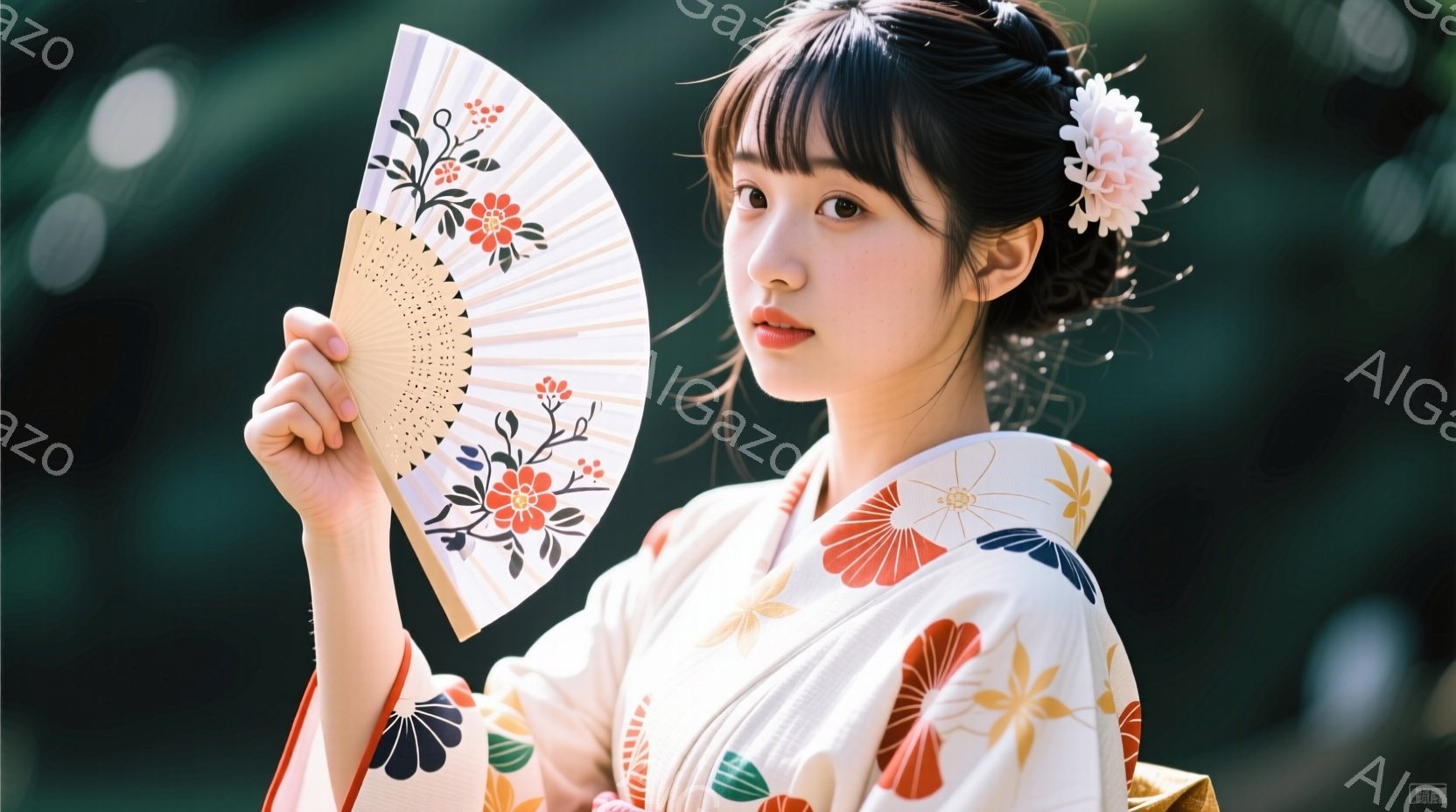 白地に赤や青の模様が美しい着物を着た若い女性が、扇子を手に微笑んでいます。髪は後ろでまとめられ、白い花飾りをつけており、表情は穏やかで優雅です。背景には緑豊かな自然がぼやけて写っており、柔らかい光が全体を包み込み、上品で落ち着いた雰囲気を醸し出しています。