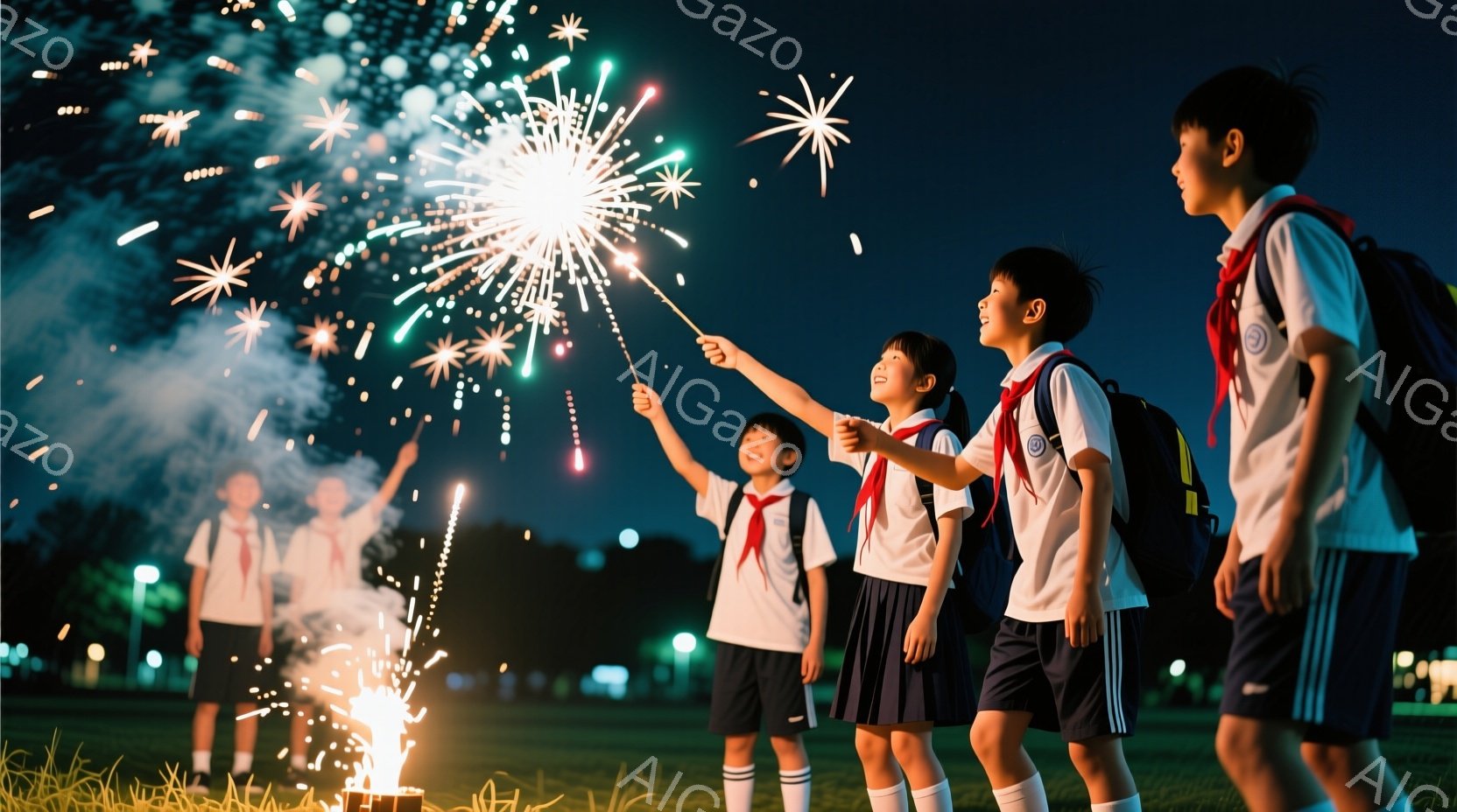 制服を着た小学生たちが、夜の公園で花火を楽しんでいる様子が写っている。紺色のスカートや短パンに白いシャツ、赤いネクタイという制服姿で、明るい笑顔を見せている。背景は暗く、緑の芝生とわずかな建物が見え、花火が夜空を明るく照らしている。