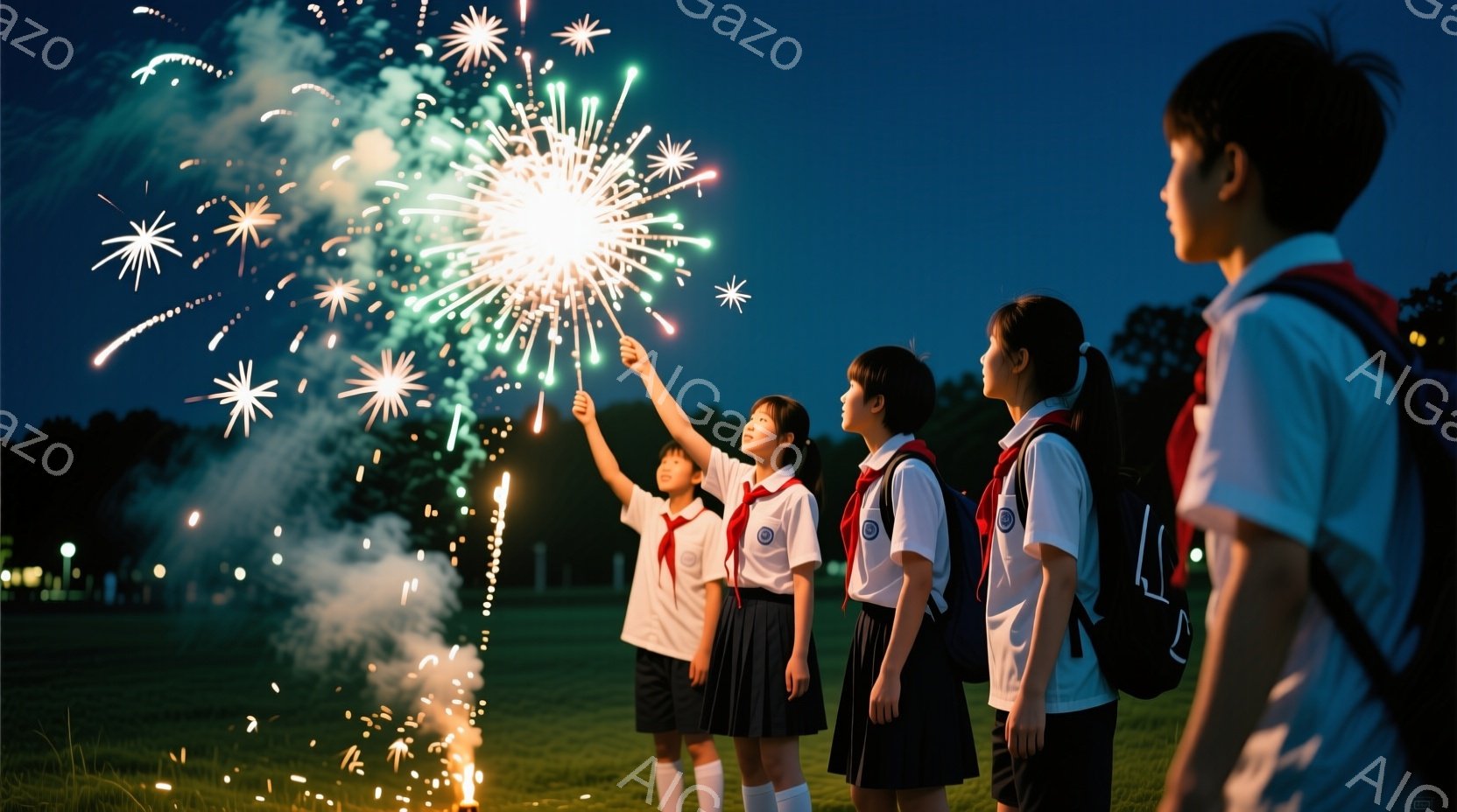 制服を着た女子学生たちが、夜の公園で花火を楽しんでいる様子が描かれている。彼女たちは紺色のスカートと白いブラウス姿で、赤いネクタイと白いソックスを着用しており、興奮と期待が入り混じった表情を見せている。背景には緑豊かな草地と暗い木々が広がり、夜空には美しい花火が咲き誇り、夏の夜の温かく、活気のある雰囲気を醸し出している。