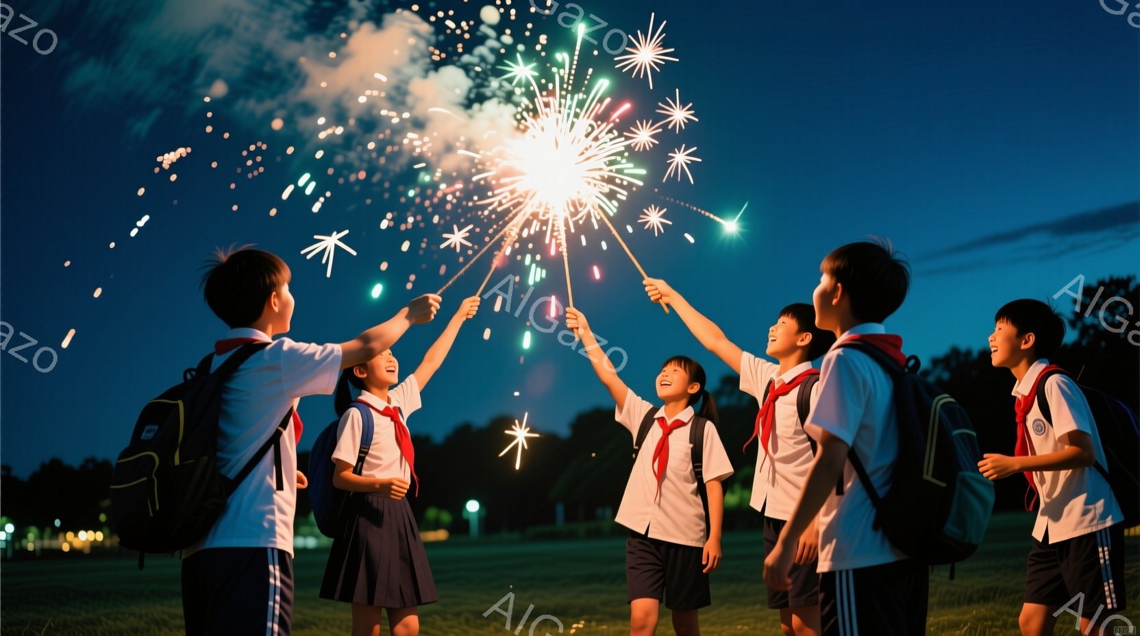 制服を着た少年少女たちが、夜空に咲く花火を見上げている。紺色のスカートと白いシャツ、赤いリボンが特徴で、皆それぞれリュックサックを背負っている。背景は緑の芝生と暗闇に包まれた木々で、夜空には様々な色の - AI生成フリー素材