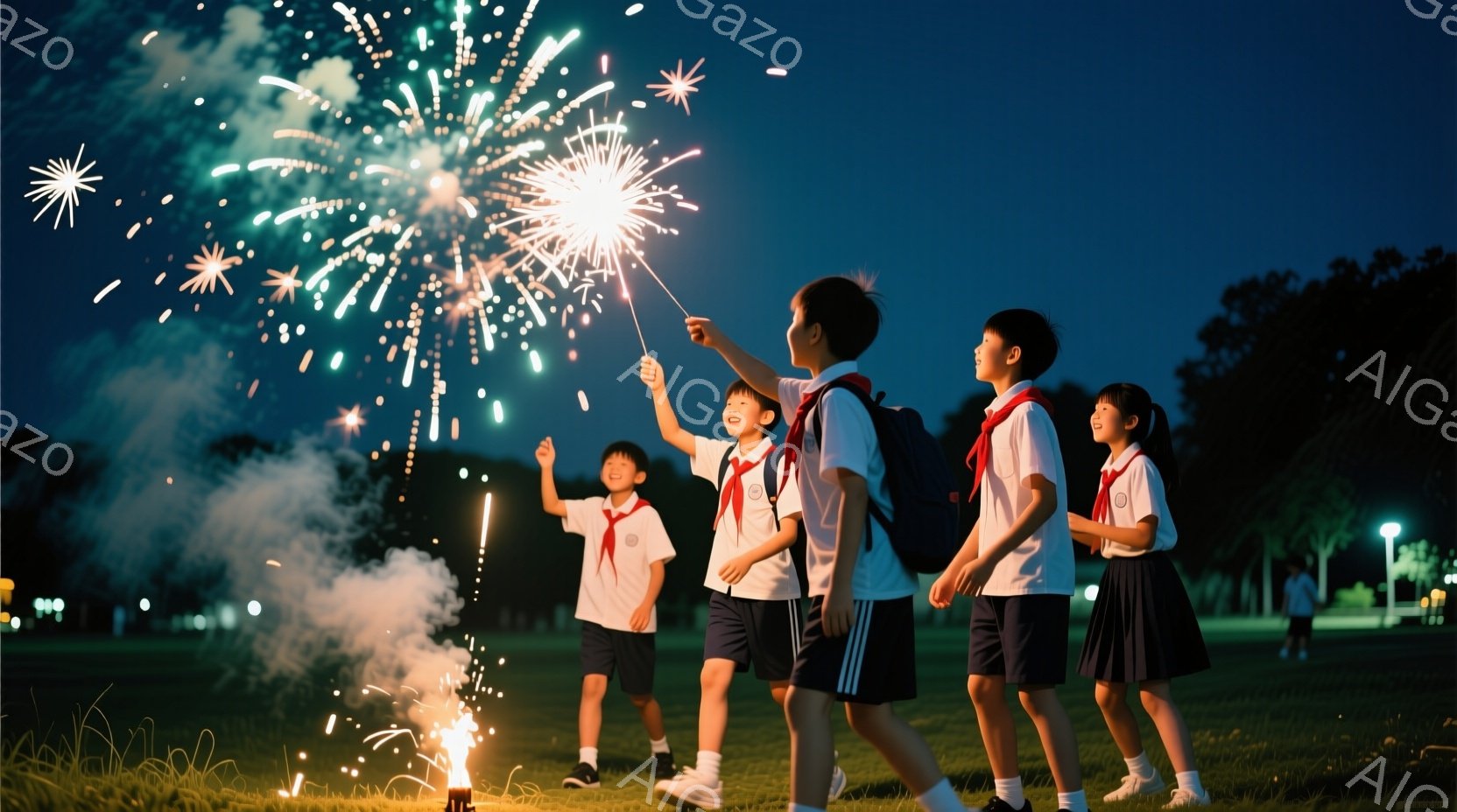 制服を着た小学生たちが、夜の公園で花火を楽しんでいる様子が写っています。男の子は花火を高く掲げ、女の子たちはその様子を見上げて笑顔を浮かべています。背景には緑豊かな草地と木々が広がり、夜空には花火が咲き乱れ、夏の夜の楽しい雰囲気を醸し出しています。