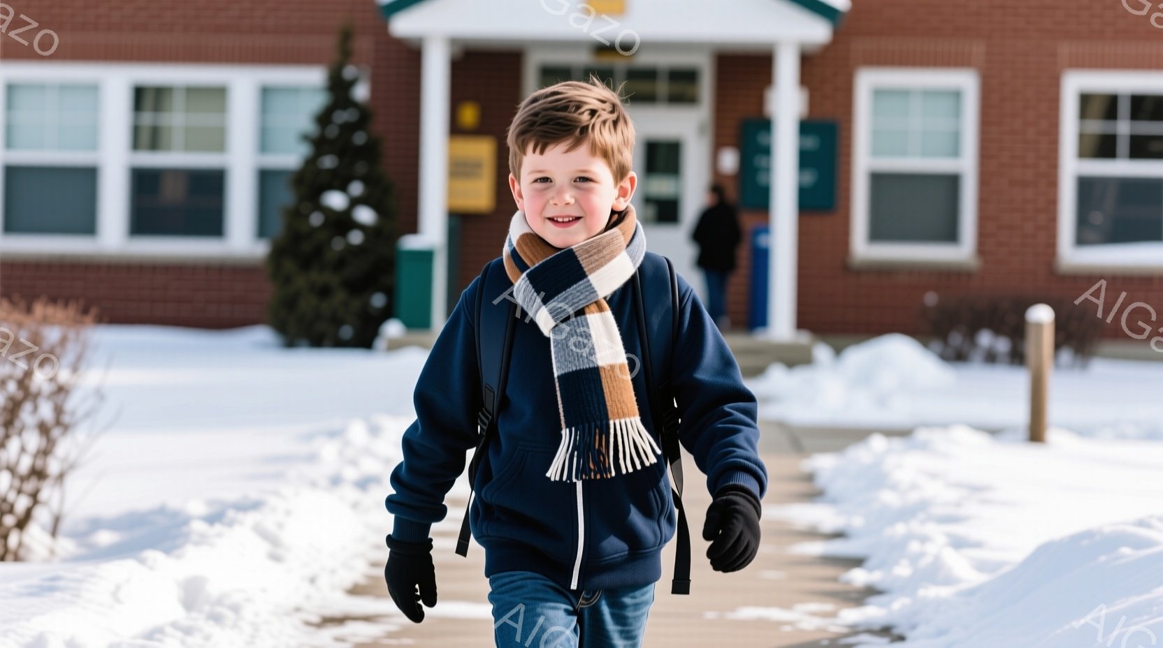 少年は紺色のパーカーとジーンズを着て、チェック柄のマフラーと黒い手袋をしています。彼は雪道の中を笑顔で歩いており、リュックサックを背負っています。背景にはレンガ造りの建物があり、雪が積もった冬の風景が広がっています。