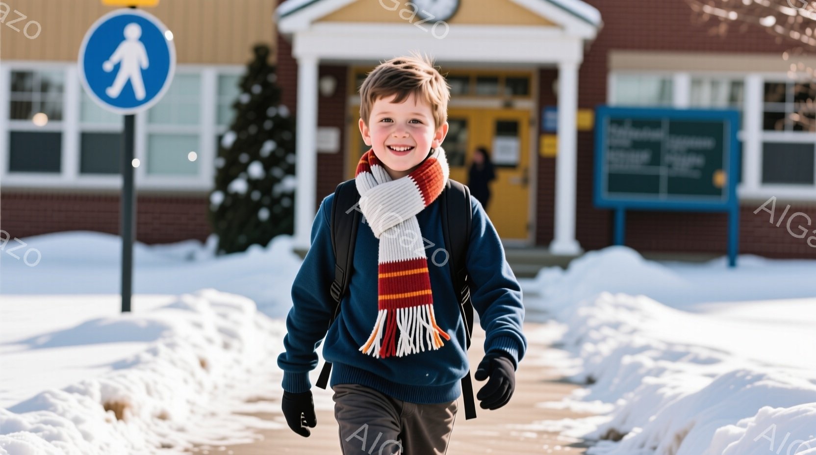 少年は青いセーター、グレーのズボン、黒い手袋、そして赤と白のストライプの首巻きを身に着けて、雪道の中を歩いています。笑顔でカメラに向かっており、肩には黒いリュックサックを背負っています。背景には雪に覆 - AI生成フリー素材