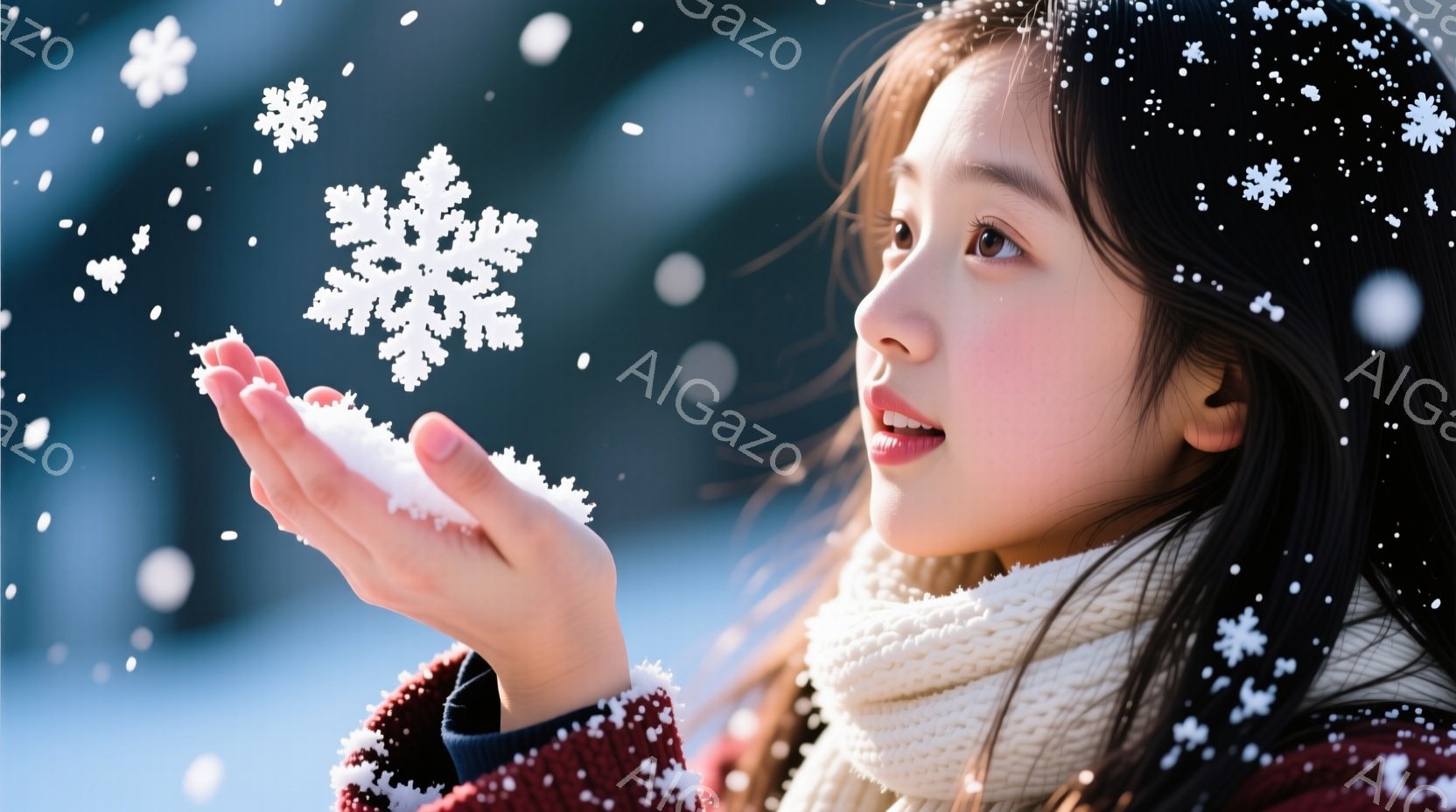 雪が舞う中で雪片を捕まえようとしている若い女性が写っています。彼女は赤いセーターと白いニットの巻き物をつけており、黒い帽子をかぶっています。彼女の表情は穏やかで、雪片を見つめており、冬の静かで美しい雰 - AI生成フリー素材