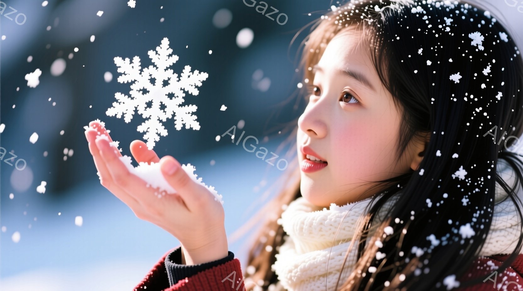 長い黒髪を下ろし、赤いニットと白いマフラーを身につけた若い女性が、手のひらに降ってきた雪片を見つめている。彼女は少し口を開け、穏やかな笑顔を浮かべており、背景にはぼやけた雪景色が広がっている。全体的に - AI生成フリー素材