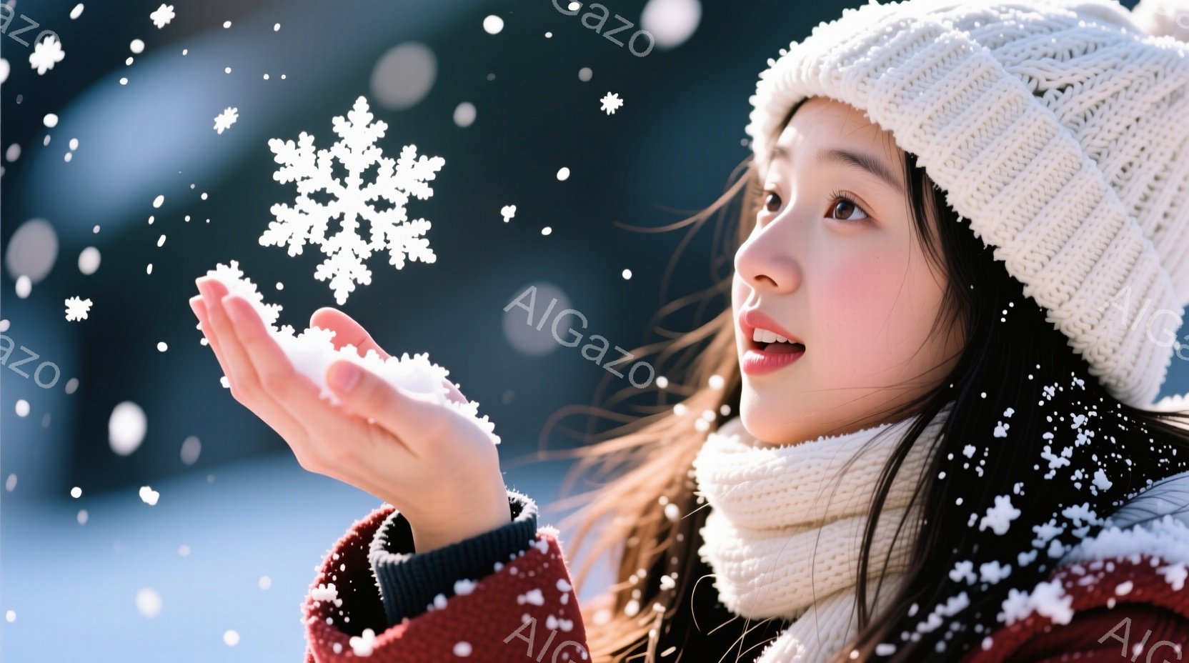 雪が降る中で、女性が片手を伸ばし、雪片をキャッチしようとしている様子が写っています。彼女は白いニット帽と白いマフラーを身につけ、赤いジャケットを着ており、黒い髪が風になびいています。背景はぼやけていますが、冬の風景の一部と雪が降っている様子が伺えます。