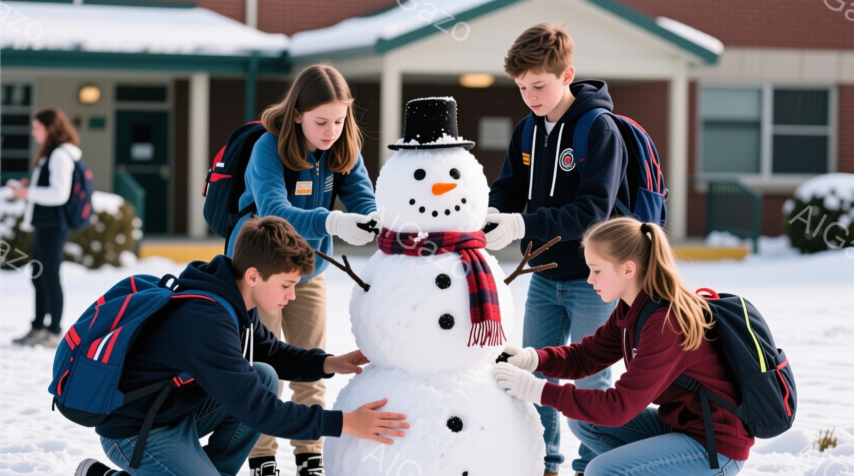 雪景色の中で、子供たちが雪だるまを作っている様子が写っている。子供たちは皆、バックパックを背負い、冬の暖かい服装をしている。雪だるまは、帽子、スカーフ、枝の腕、石の目と口で飾られており、背景にはレンガ造りの建物と雪に覆われた地面が広がっている。