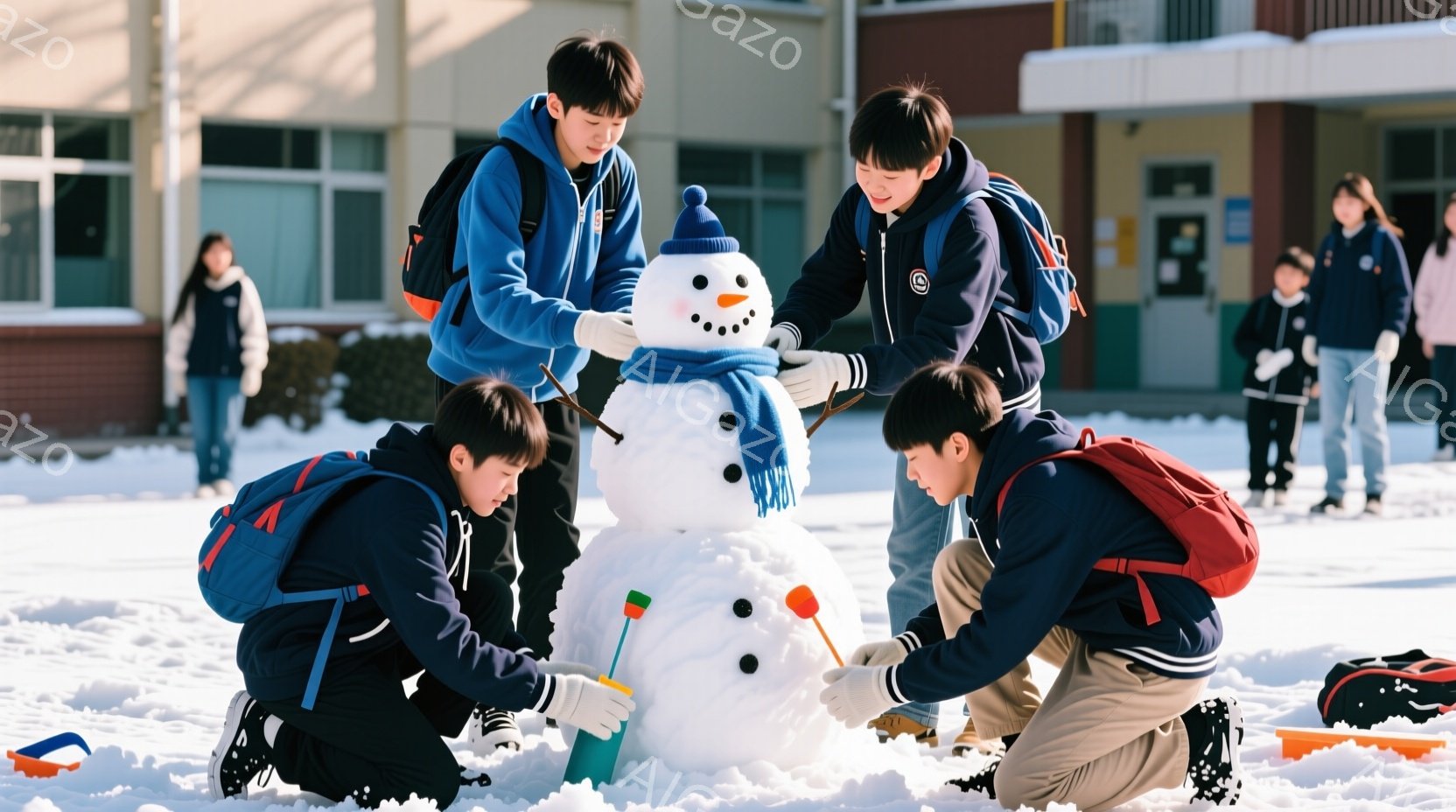 雪景色の中で、数人の少年たちが雪だるまを作っている様子が写っています。少年たちは紺色のパーカーとベージュまたは茶色のズボンを着用し、リュックを背負っています。雪だるまには帽子とマフラーが巻かれ、少年た - AI生成フリー素材