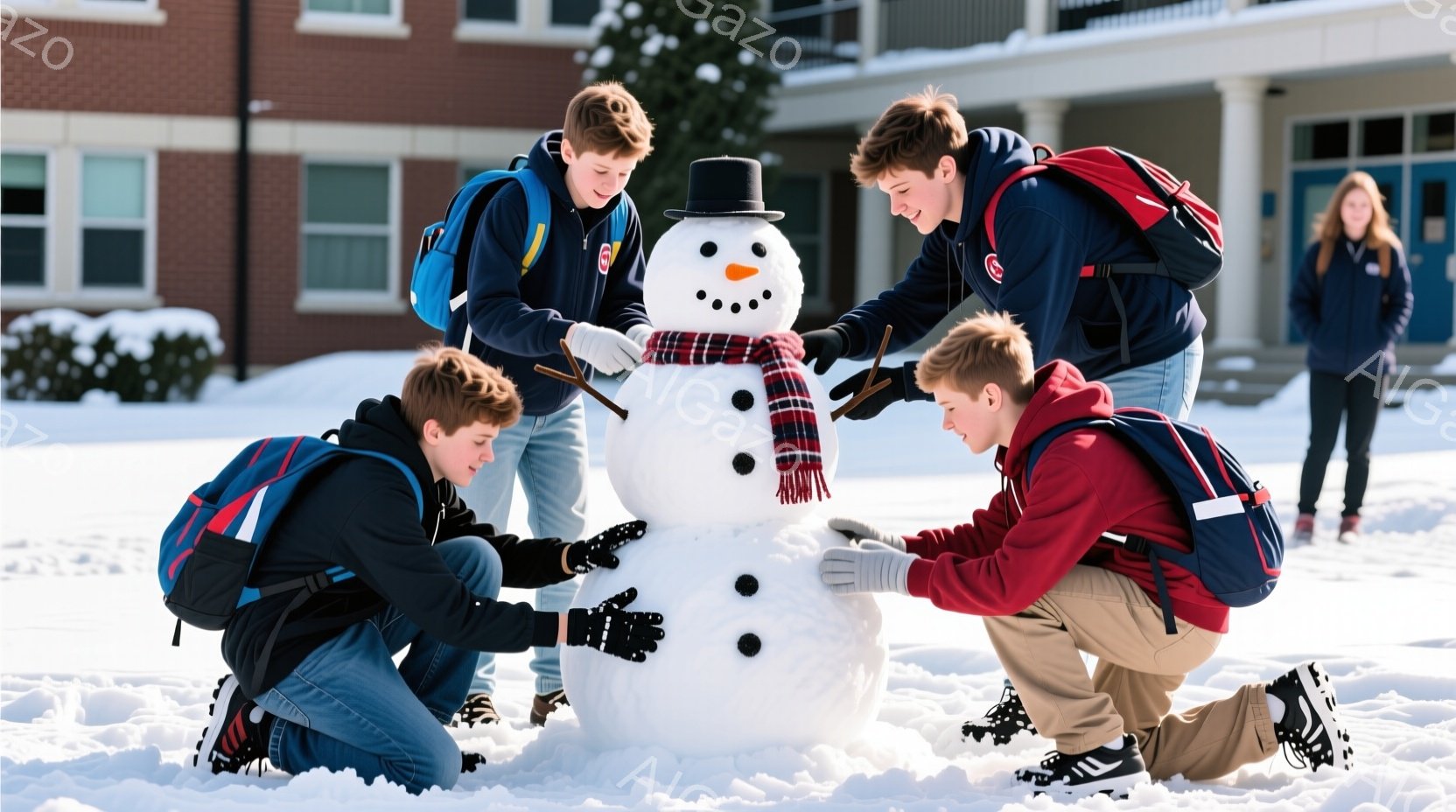 雪景色の中で、数人の少年が雪だるまを作っています。少年たちは皆、冬の服装で、ジーンズとジャケットを着ており、バックパックを背負っています。背景にはレンガ造りの建物が見え、雪が降り積もった庭には、クリス - AI生成フリー素材
