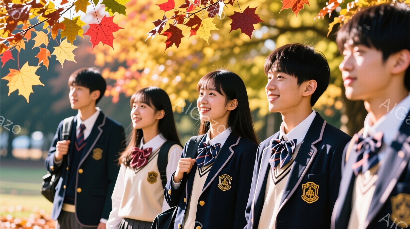 制服を着た5人の学生が並んで立っており、皆、明るい笑顔を浮かべている。彼らは紺色のブレザーに、白いシャツとチェック柄のネクタイ、そしてプリーツスカートまたはズボンを着用しており、制服には学校のエンブレ - AI生成フリー素材