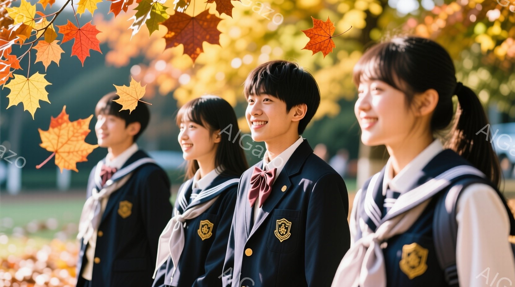 制服を着た生徒たちが並んで立っています。紺色のブレザーに、明るい色のネクタイとスカーフを合わせ、顔には笑顔が浮かんでいます。背景には緑の芝生と木々が見え、落ち葉が舞っていることから秋の晴れた日であるこ - AI生成フリー素材