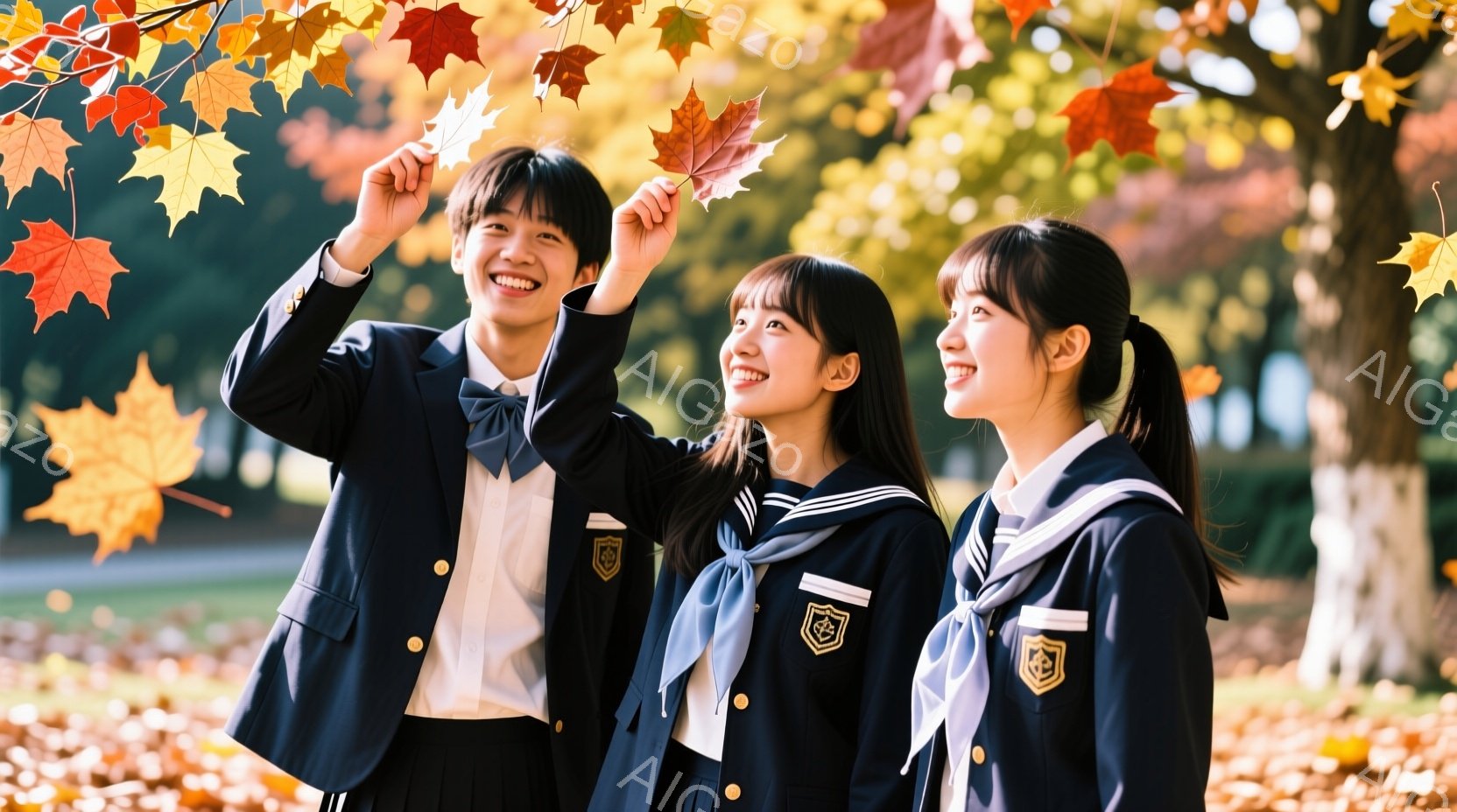 制服を着た男女3人が、秋の風景の中で写っている。男性は手を高く上げ、落ち葉を見上げている。女性たちは少し見上げて微笑んでおり、背景には色づいた木々と落ち葉が広がっていて、全体的に明るく、穏やかな雰囲気 - AI生成フリー素材