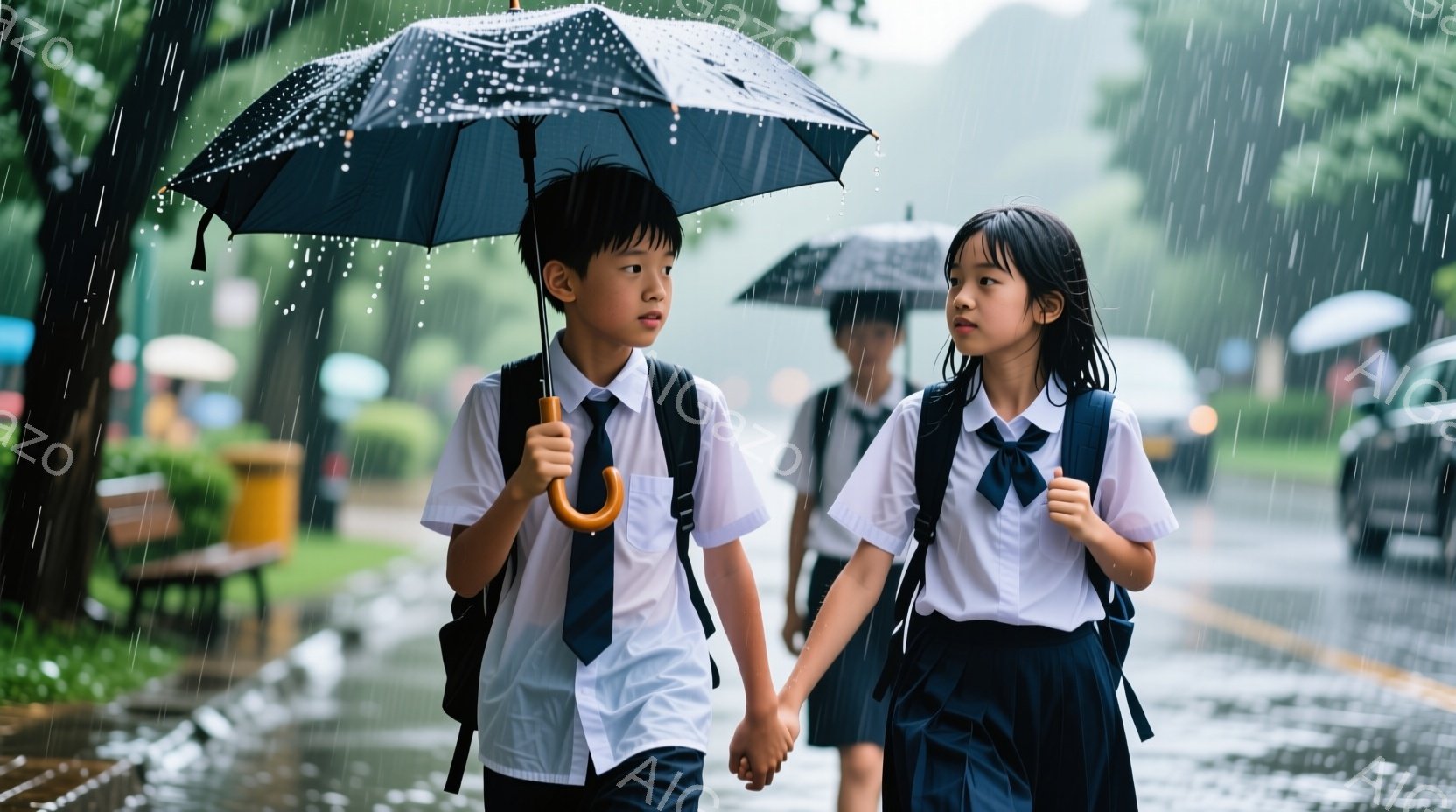 制服を着た少年と少女が雨の中、手をつないで歩いている。少年は短髪で、少し横を向いて何かを見ているようす。少女はロングヘアで前を見据え、やや憂いのある表情をしている。背景には緑豊かな木々や建物、そして雨に濡れた道路が見え、全体的に少し寂しげでセンチメンタルな雰囲気が漂っている。